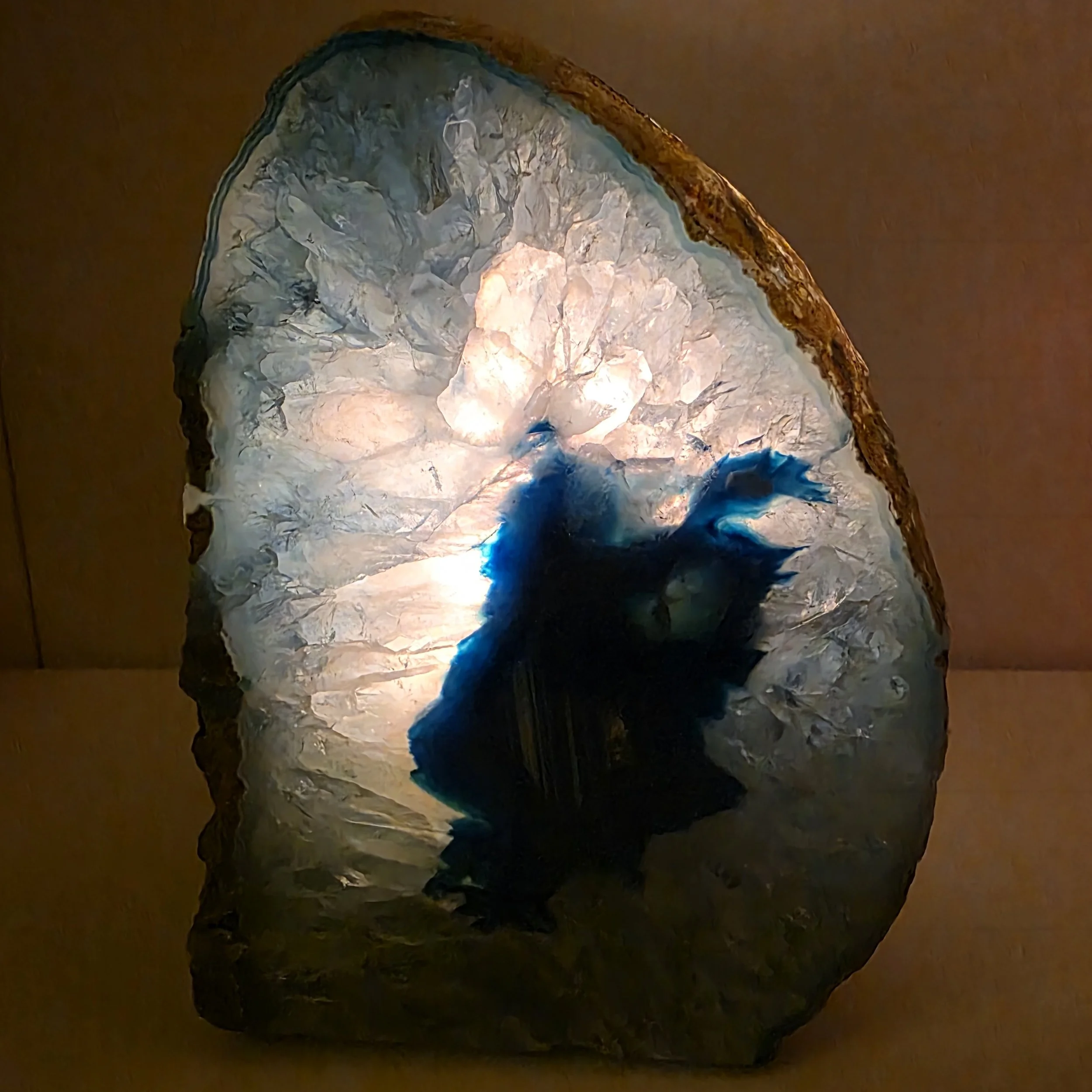blue dyed agate candle holder in dark