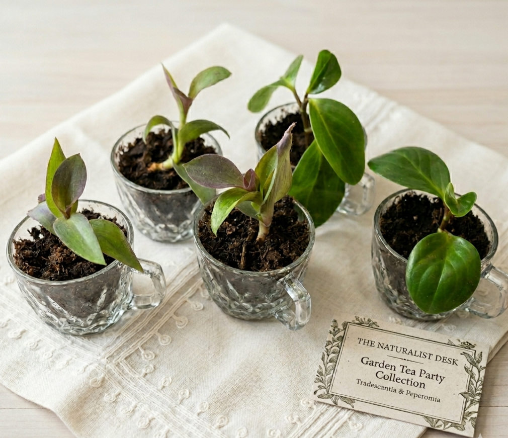 Garden Tea Party Tradescantia and Peperomia plants in glass teacups.png