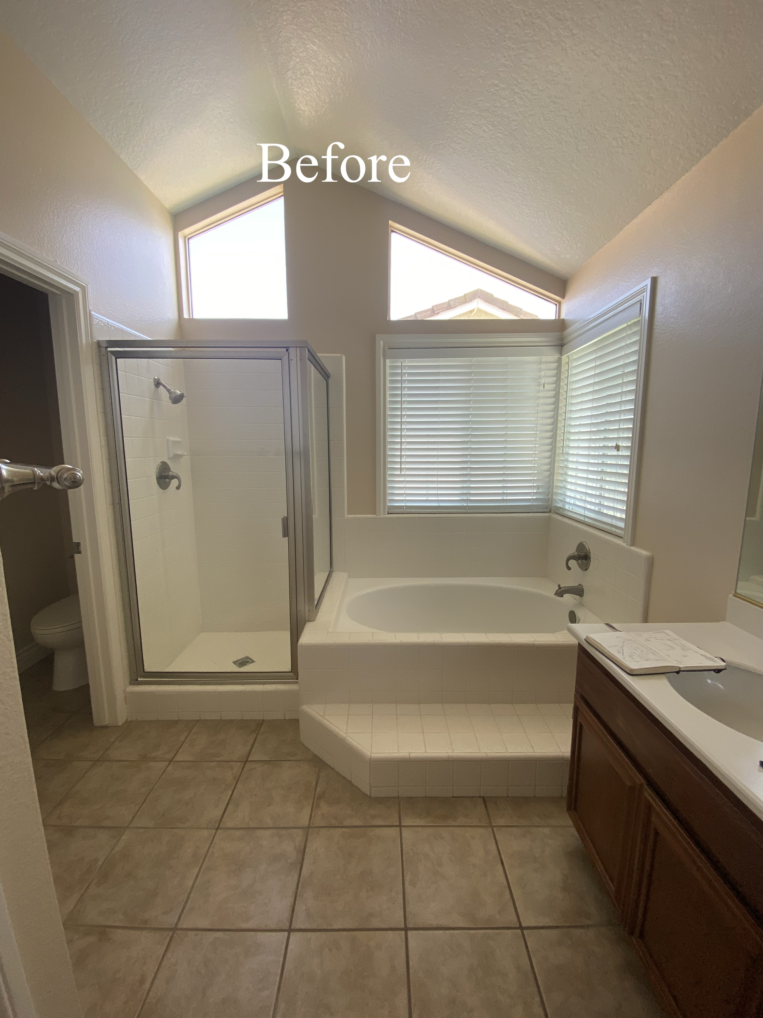 A bathroom with a walk-in shower, a bathtub, and a wooden vanity with a sink. There are three windows allowing natural light, and the word 'Before' is written at the top.