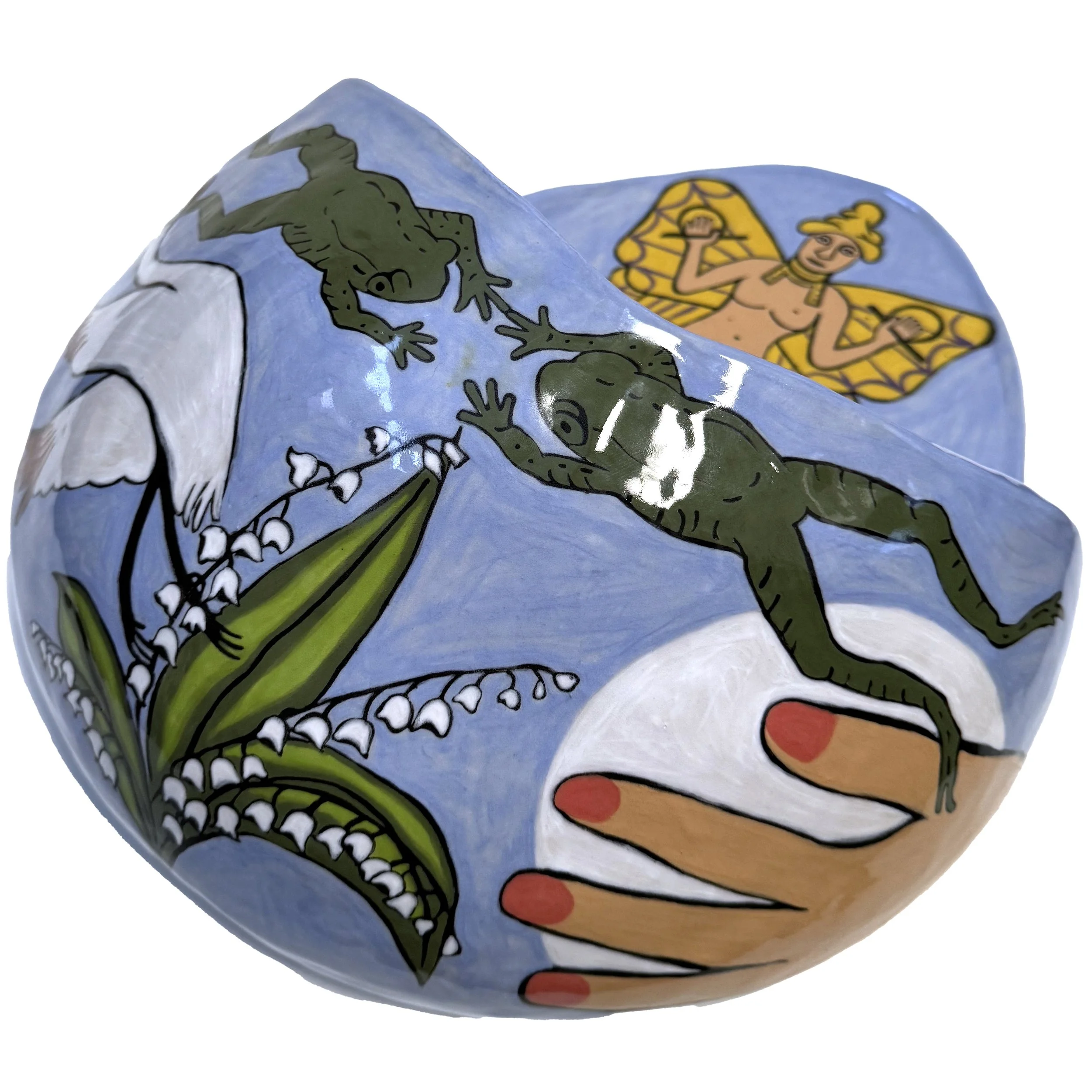 Colorfully decorated belly-shaped ceramic object with painted images of frog, a lily of the valley flower, and a feminine figure with butterfly wings.