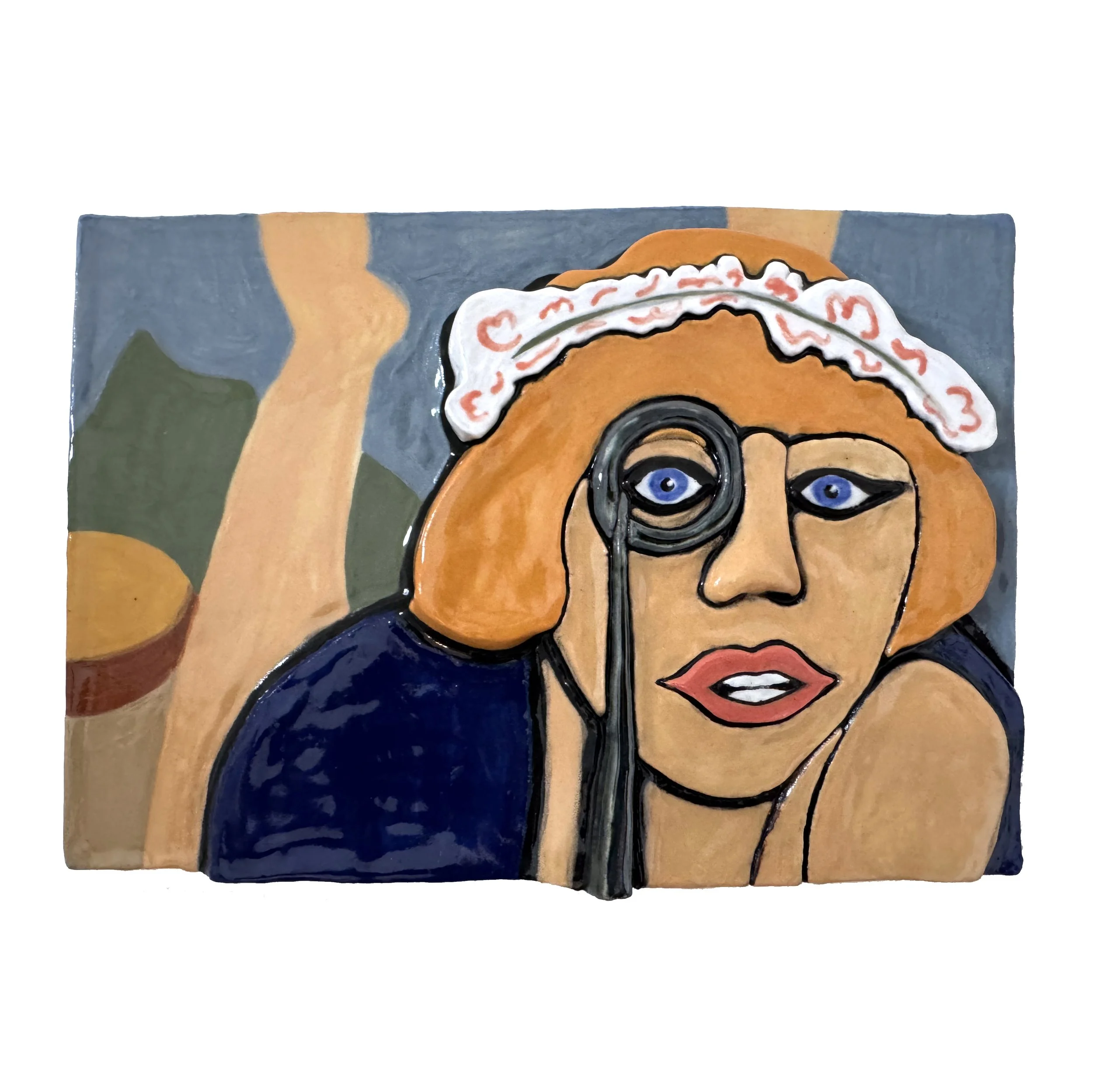 A colorful ceramic relief of a woman with blonde hair, wearing a white headband, holding a magnifying glass to her eye, with blue eyes and red lips.