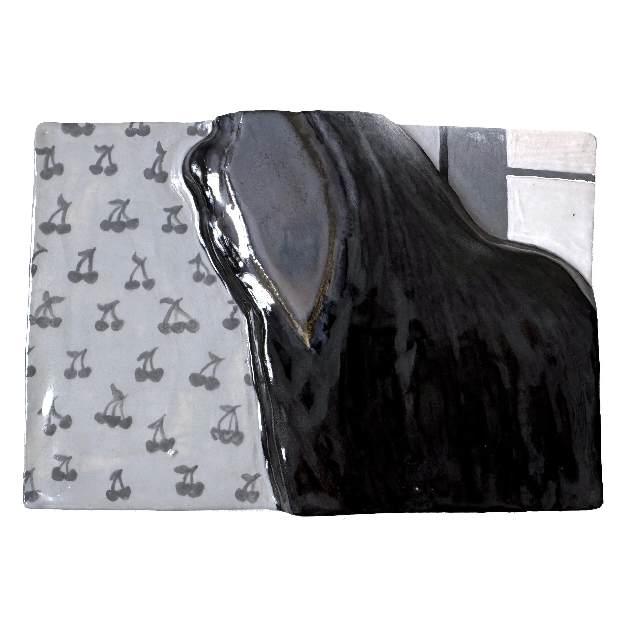 Ceramic relief featuring a black hooded figure with a mirrored face and a grayscale cherry pattern wallpaper.