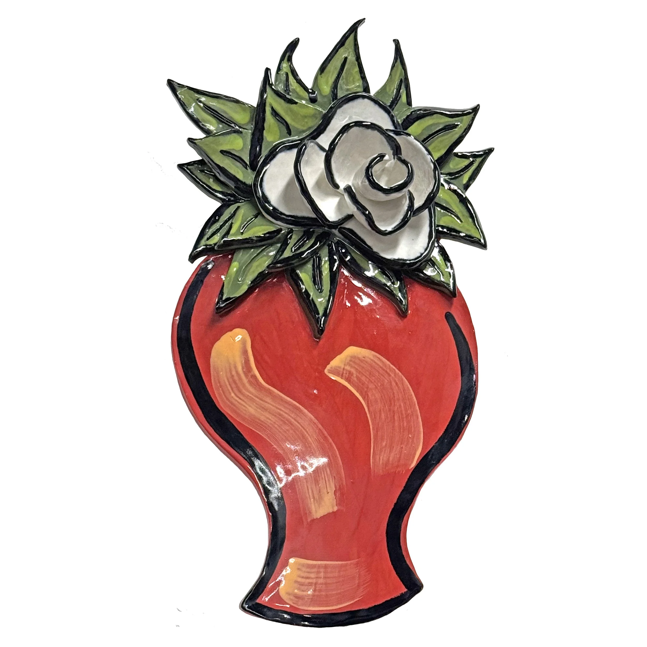 Bright red ceramic vase with a white rose and green leaves on top.