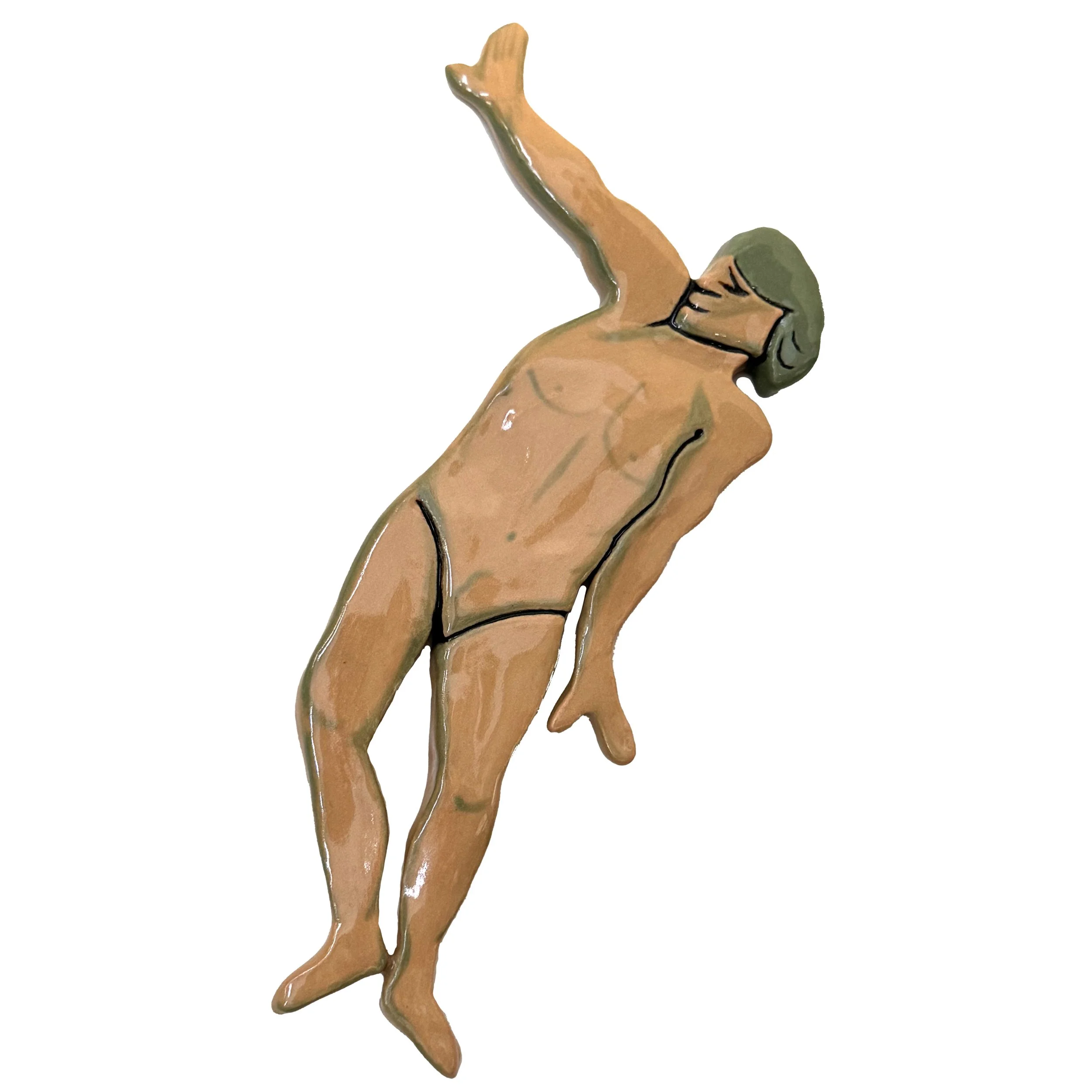 Ceramic sculpture of a reclining nude male with green hair and stylized black outlines.