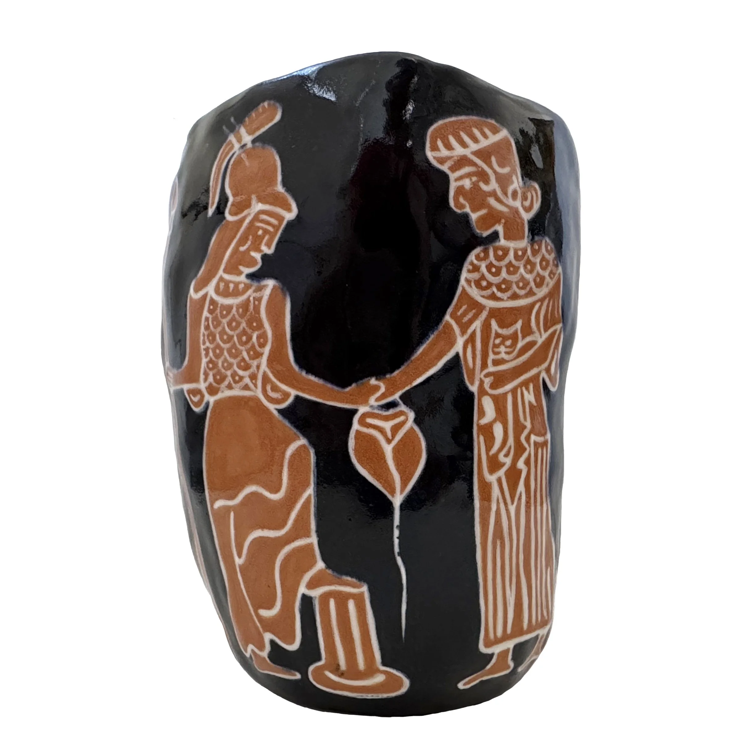 Ceramic sculpture featuring two stylized figures, a man and a woman, holding hands as they pour water from a vase together, painted in black, brown, and white.