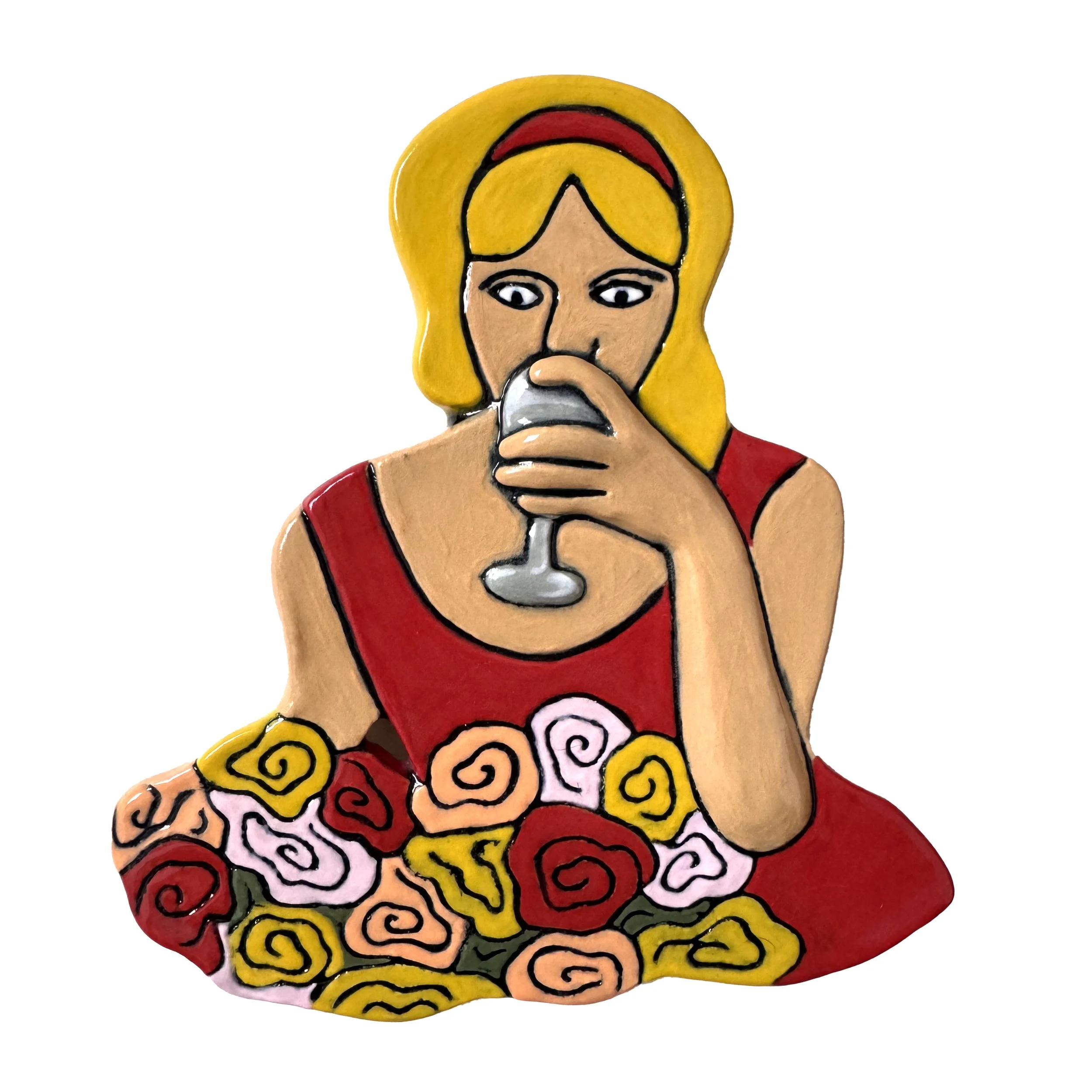 Colorful ceramic figurine of a woman in a red dress with yellow, pink, and red floral swirls, holding a glass of wine near her mouth, with blonde hair and a red headband.