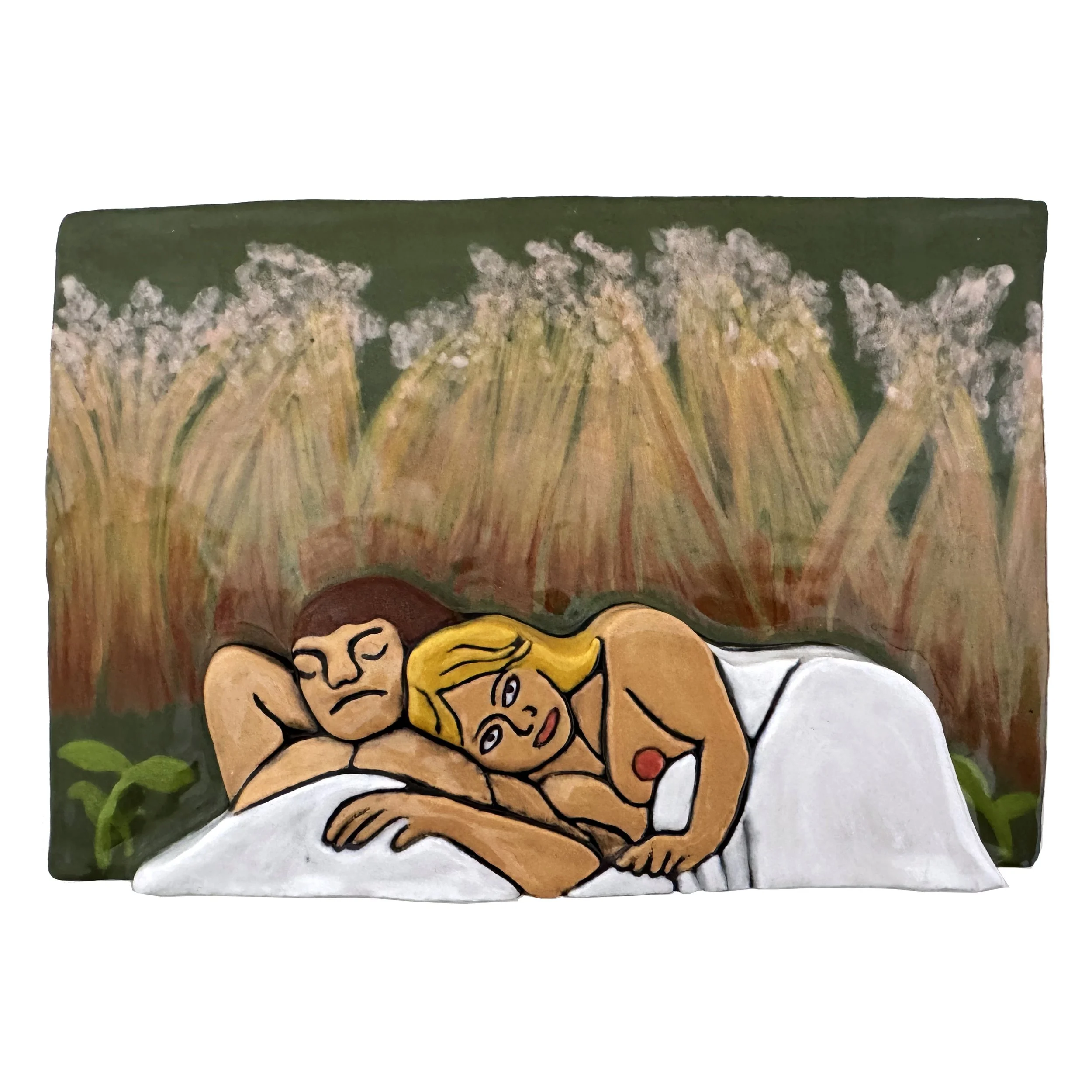 A painted scene of a couple lying in bed, embracing each other, with a mountain range and plants in the background.