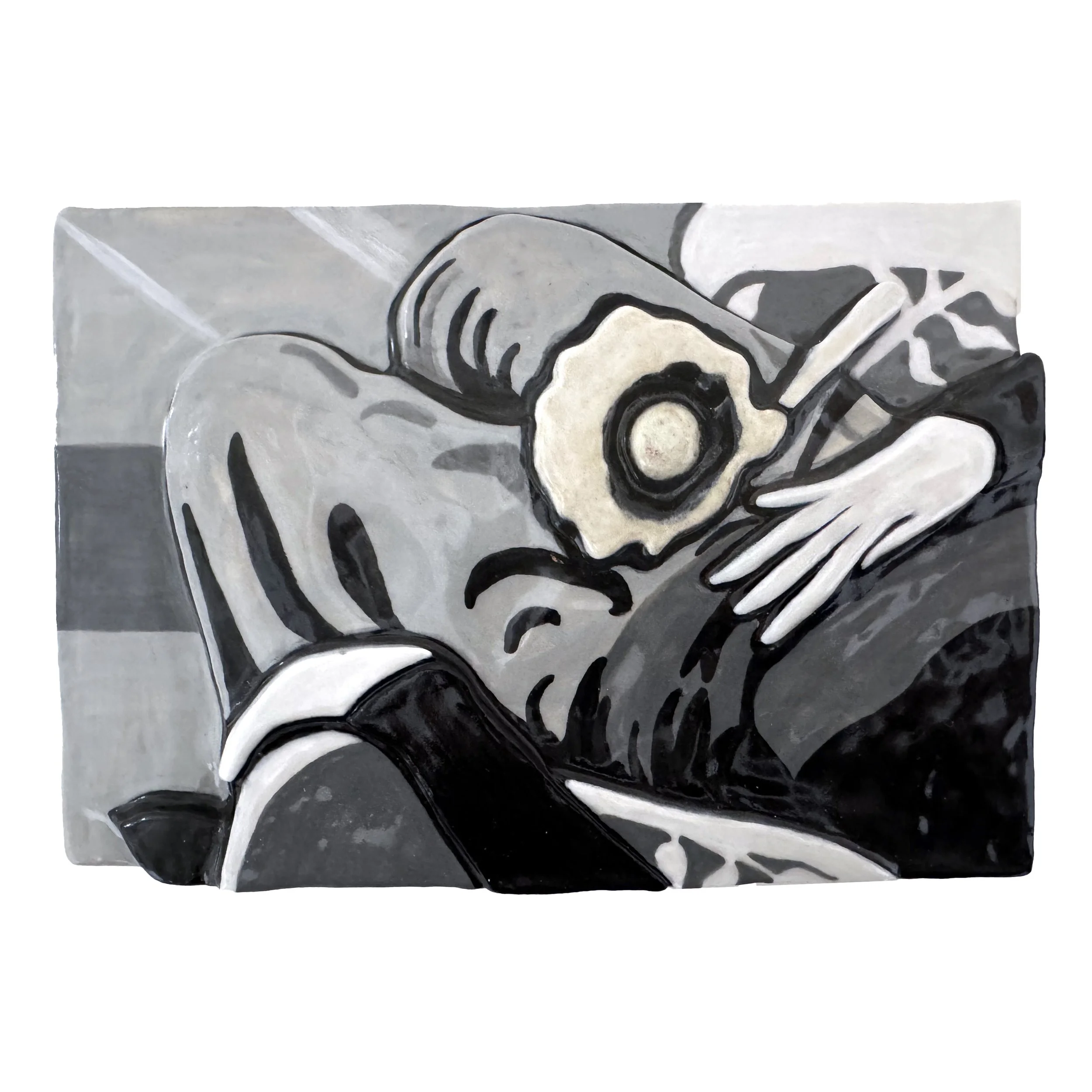 A grayscale painting on ceramic tile of a person sitting down and holding a large poppy.