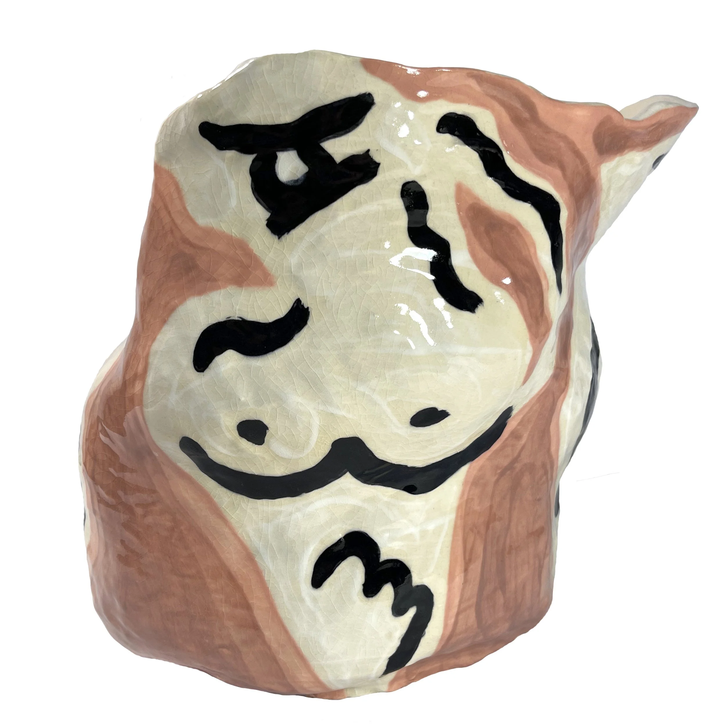 A large, curvy pot with a painting that looks like a white vase with an abstract, female figure in black over a pale pink background.