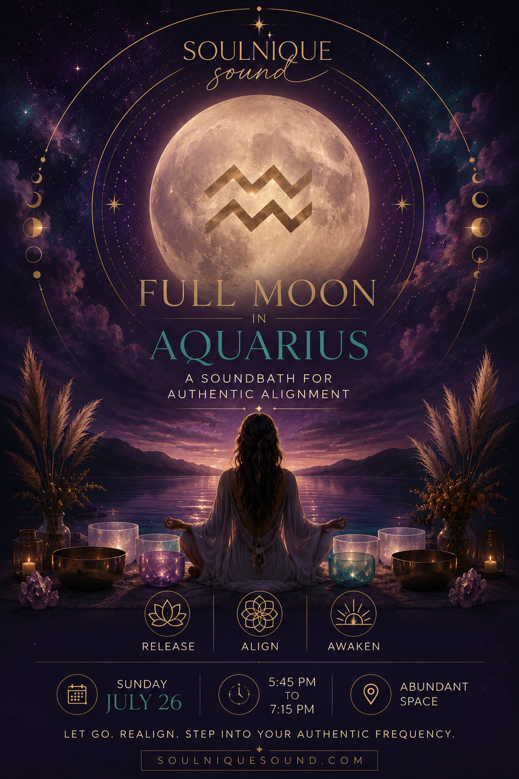 A promotional poster for a sound bath event titled 'Full Moon in Aquarius' by SoulNique Sound. The poster features a large full moon with the Aquarius symbol in front of it, set against a cosmic night sky. At the bottom, a woman is seated in a meditative pose in front of a body of water, surrounded by crystal bowls, candles, and plants. The event details indicate it will be held on Sunday, July 26 from 5:45 PM to 7:15 PM at an abundant space, with the tagline 'Let go. Realign. Step into your authentic frequency.'