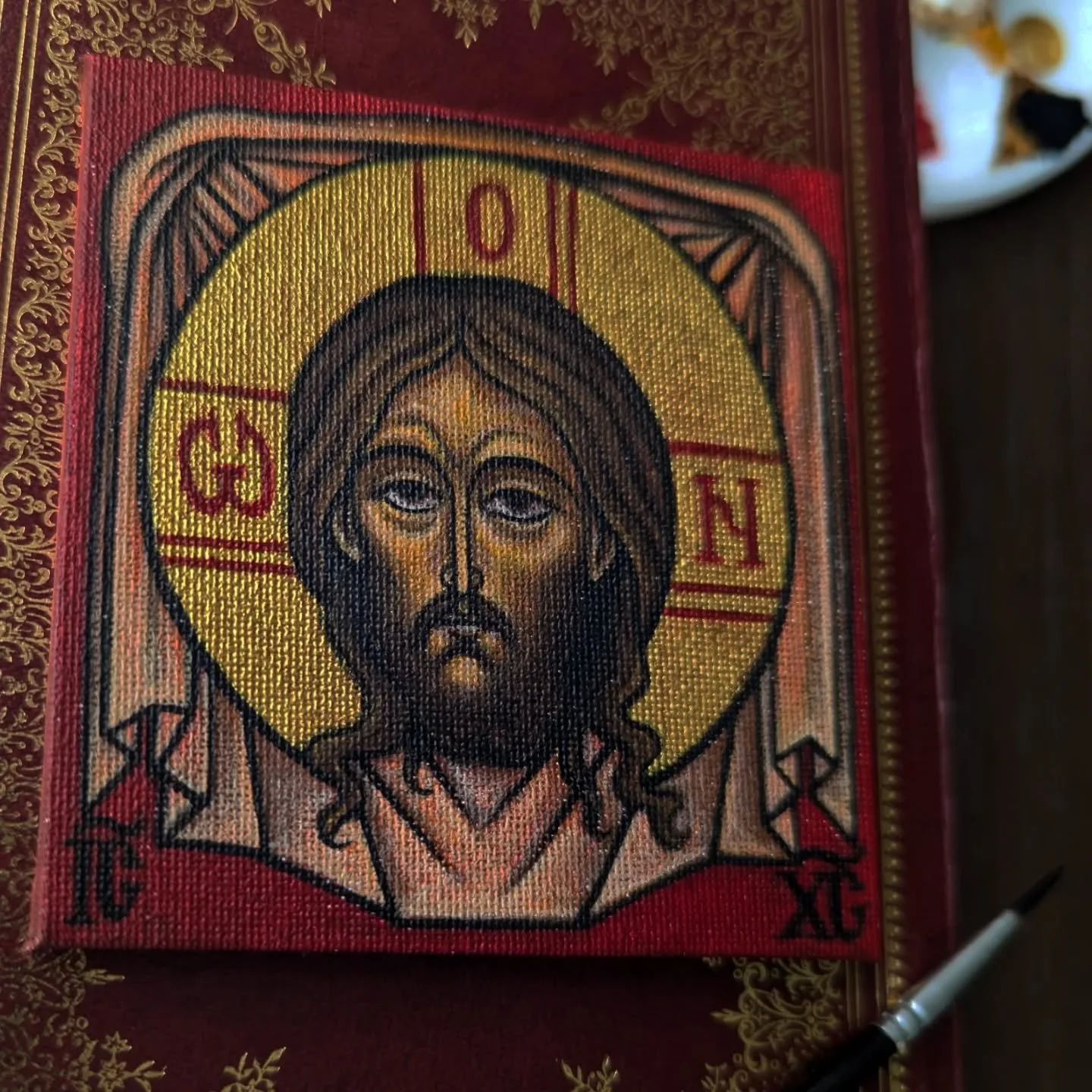 swipe to see the acrylic painted process of a mini Holy Face of Christ 💛 painted on canvas for my icon class #Iconography #Christ #orthodoxart #wip #artprocess