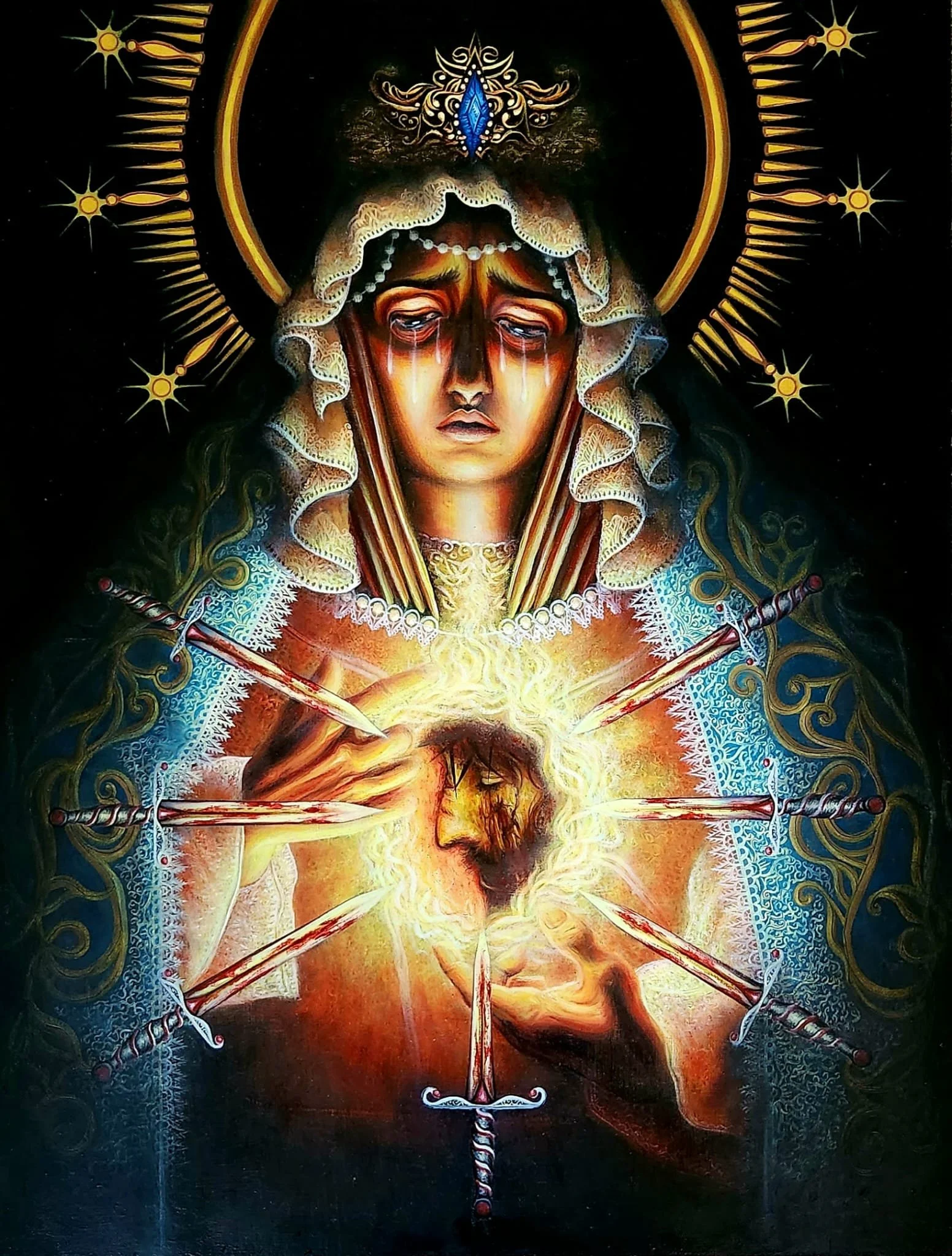 Her Seven Sorrows, Oil on Wood, 2023. 