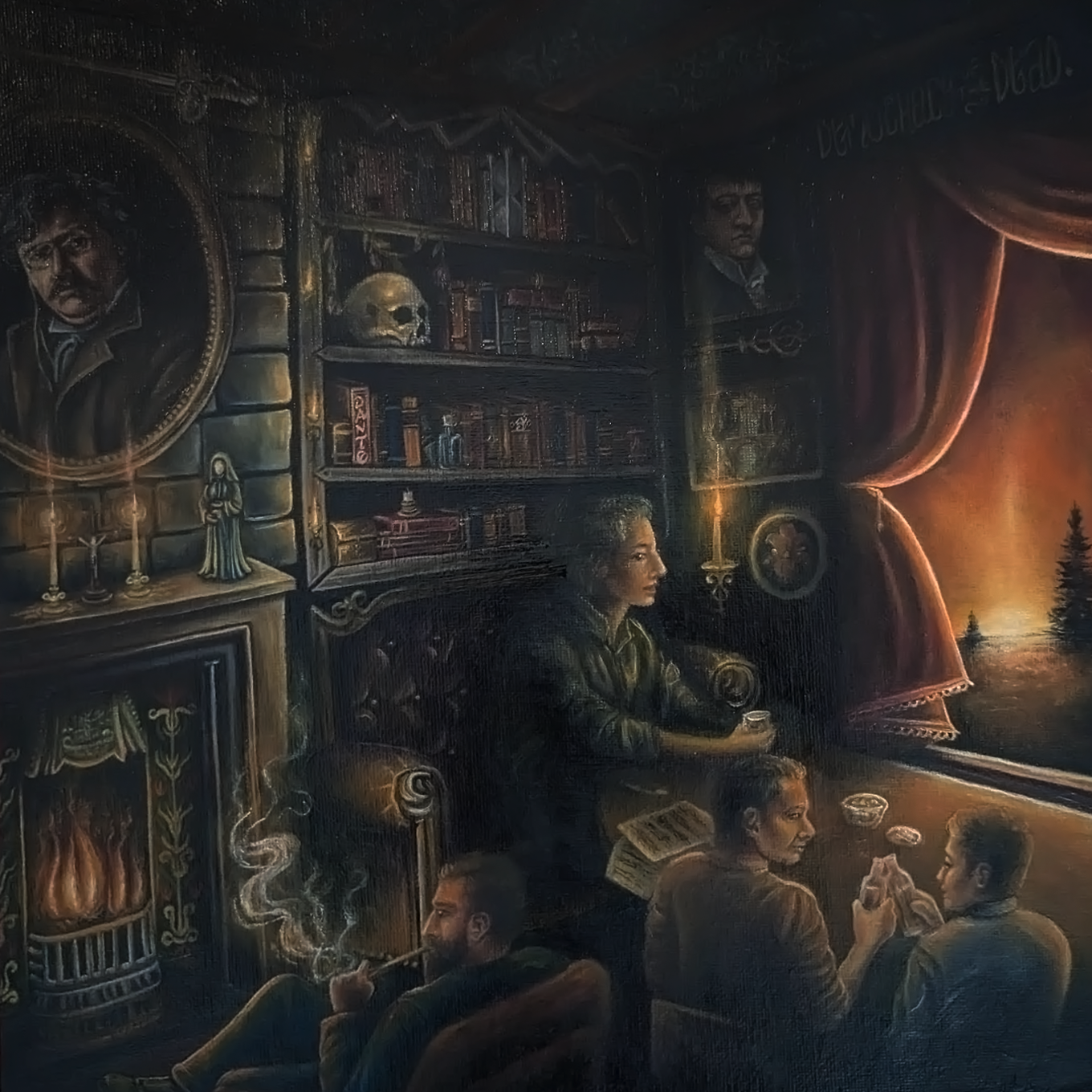 Democracy of the Dead album cover, oil on wood, 2025. 