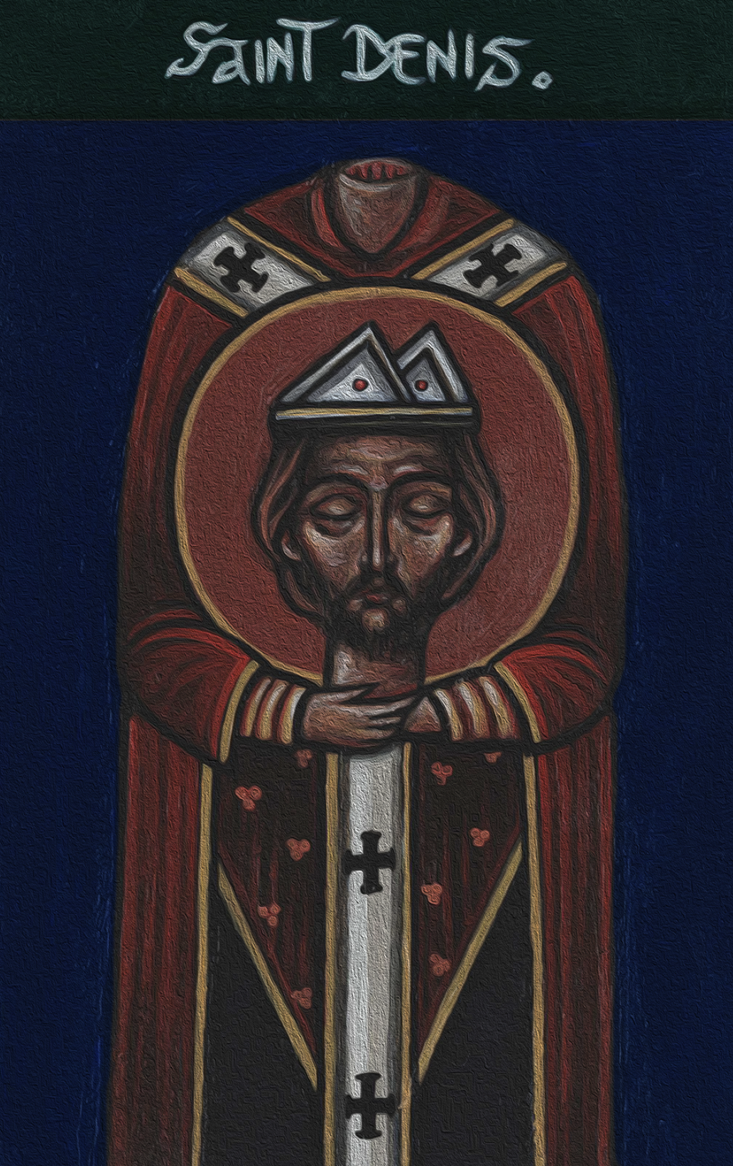 St Denis of Paris, acrylic on wood, 2026. 