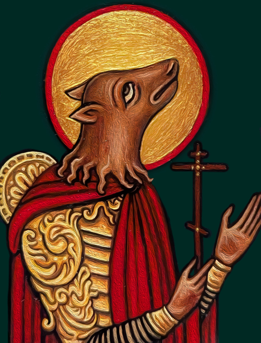 St Christopher the Dog-man, acrylic on wood, 2026.  