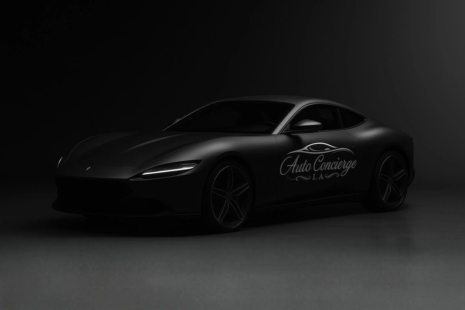 A black luxury sports car with a logo that says "Auto Concierge LA" on the side, parked in a dark setting with minimal lighting.