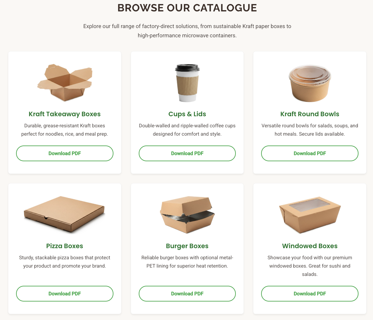Catalog page displaying six types of Kraft paper containers: Kraft Takeaway Boxes, Cups & Lids, Kraft Round Bowls, Pizza Boxes, Burger Boxes, and Windowed Boxes, each with a brief description and a "Download PDF" button.