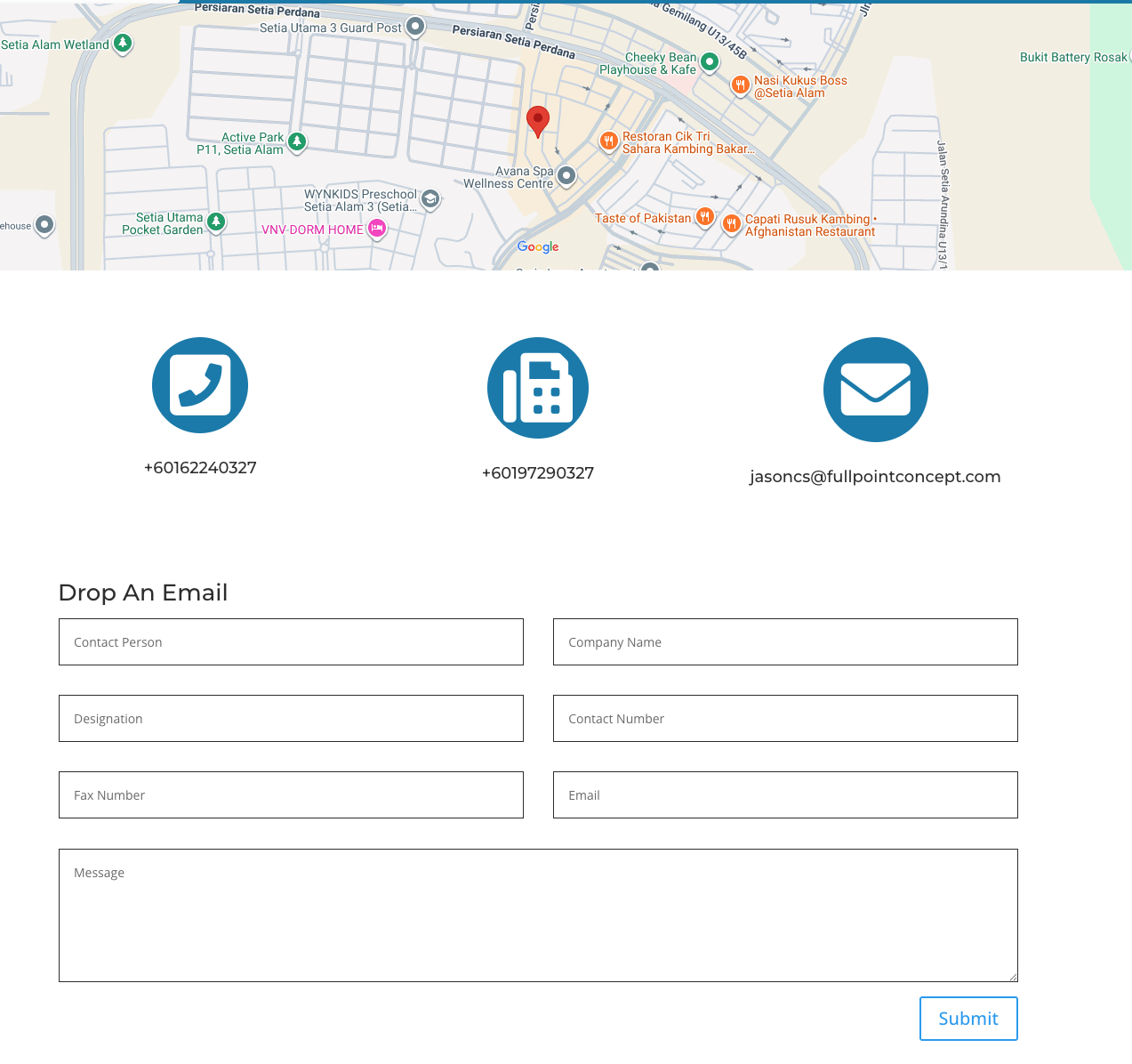 Map showing locations near Setia Alam Wetland, Active Park P11, and several restaurants in Setia Alam with contact information and a contact form for inquiries.