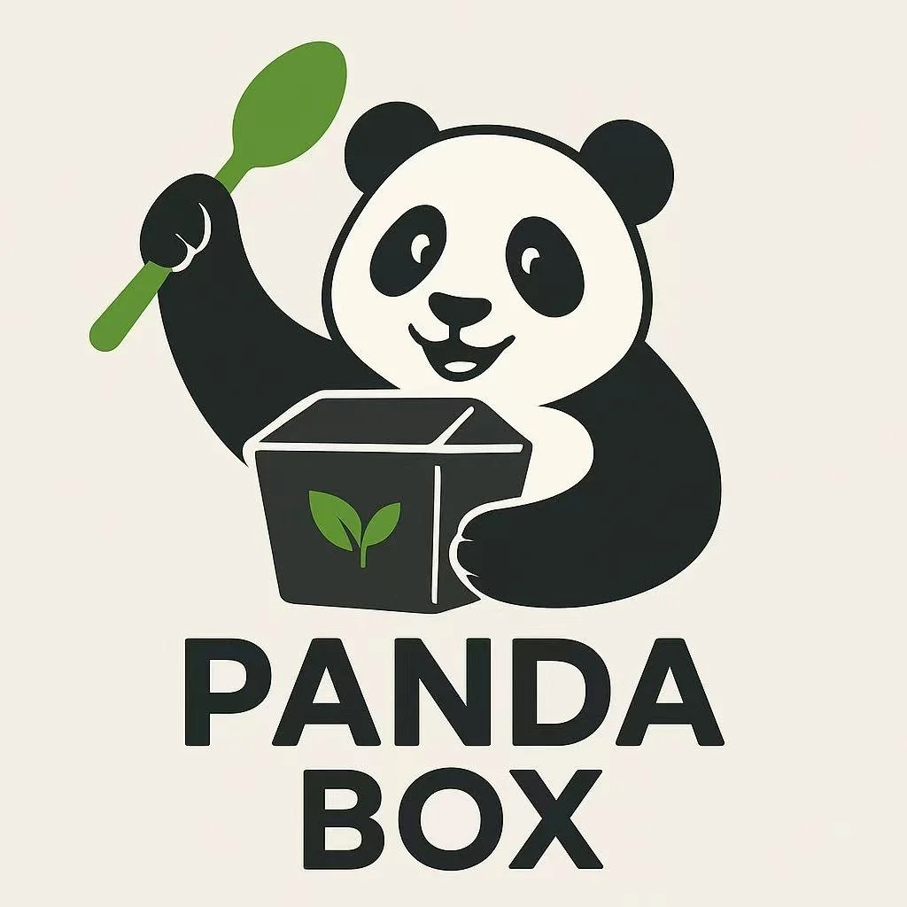 A panda holding a green spoon and a box with a leaf symbol, logo for Panda Box