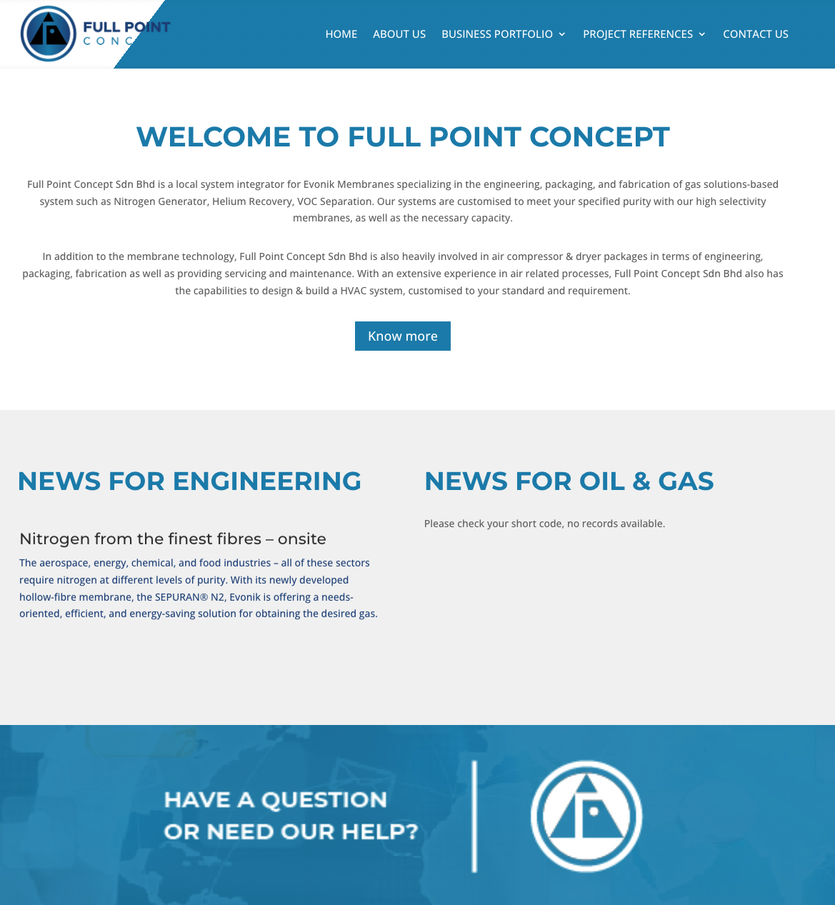 Homepage of a website for Full Point Concept, a company specializing in engineering, packaging, and fabrication of gas solutions, with sections about the company, news updates for engineering and oil & gas industries, and a help/contact invitation.
