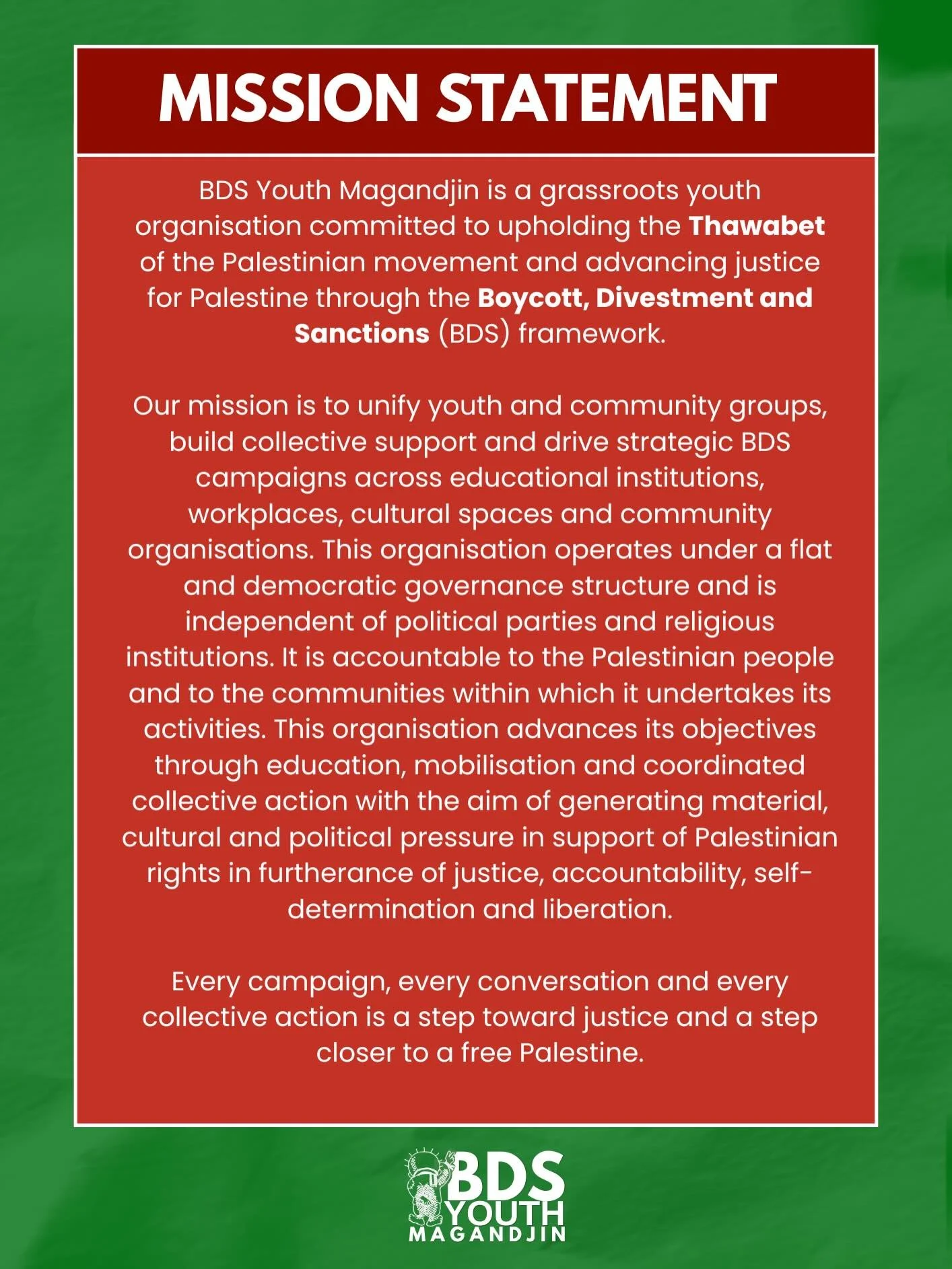 We are committed to the BDS movement and we would love to have you by our side! Read about our mission and what it means to follow BDS.

#liberation #brisbane #mission #justice #activism