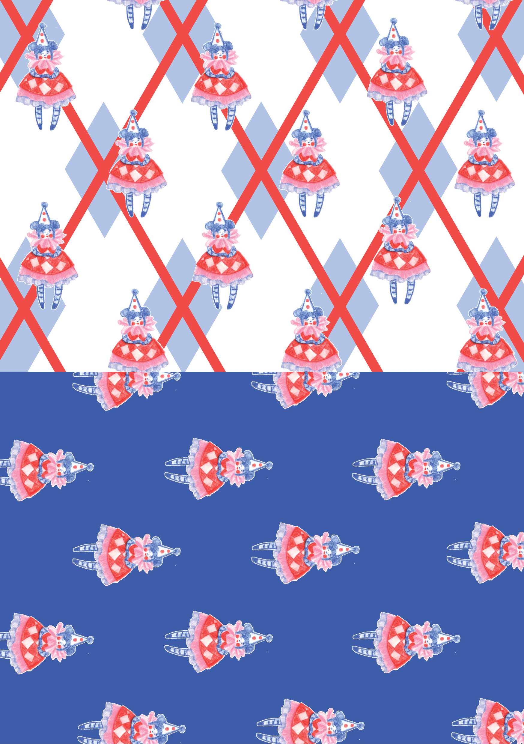 Pattern featuring clowns in red, pink, and blue, with some sections divided by a blue bar at the bottom.