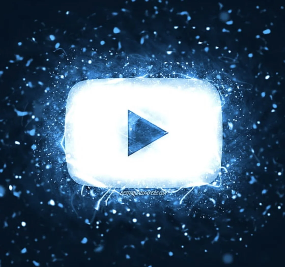 YouTube play button logo with a blue and white electric spark effects surrounding it.