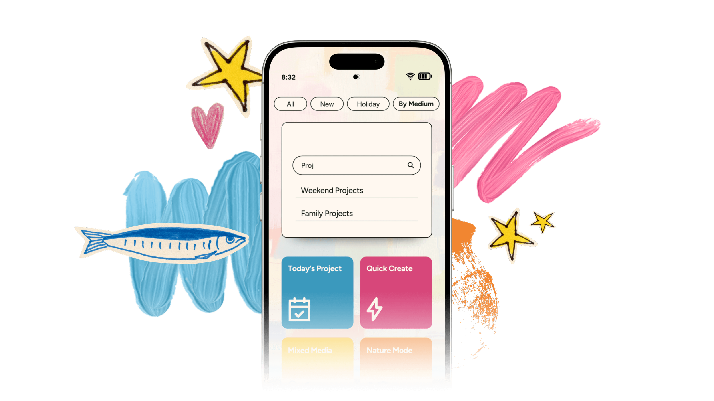 Creative project library within app interface on smartphone.
