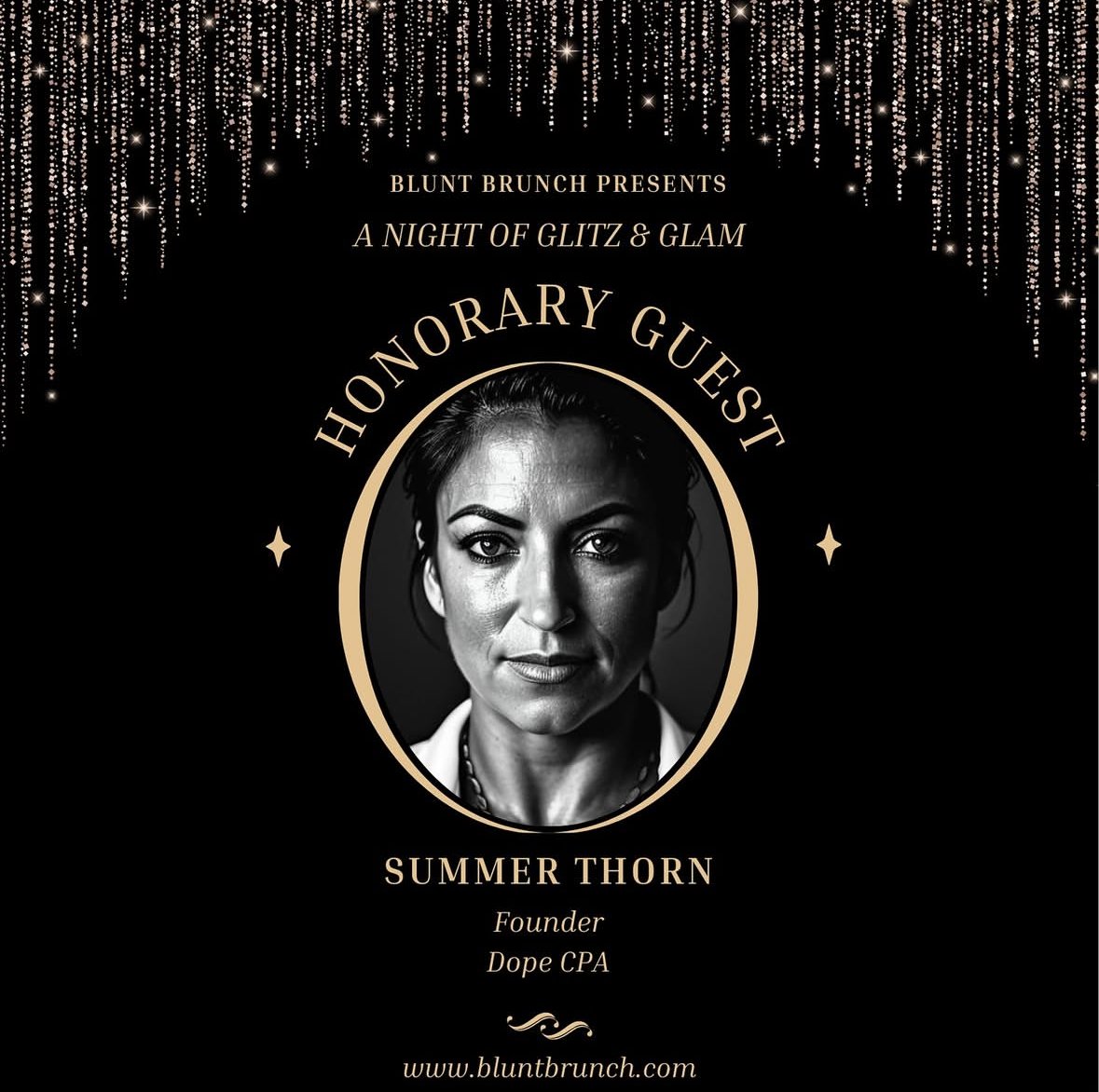 Invitation card for 'Hononary Guest' event featuring Summer Thorn, founder of Dope CPA, with a black and white portrait inside a gold oval border, and a festive black background with gold and white decorative elements at the top.