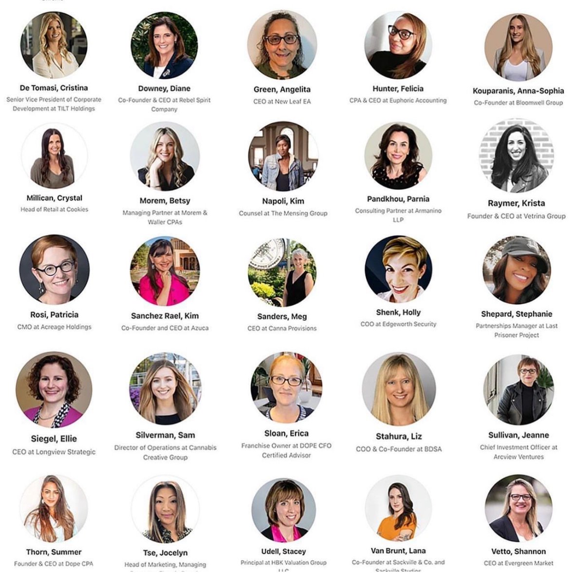 Collage of professional headshots of 20 women in a grid, with names and titles beneath each photo, representing a business or networking event.