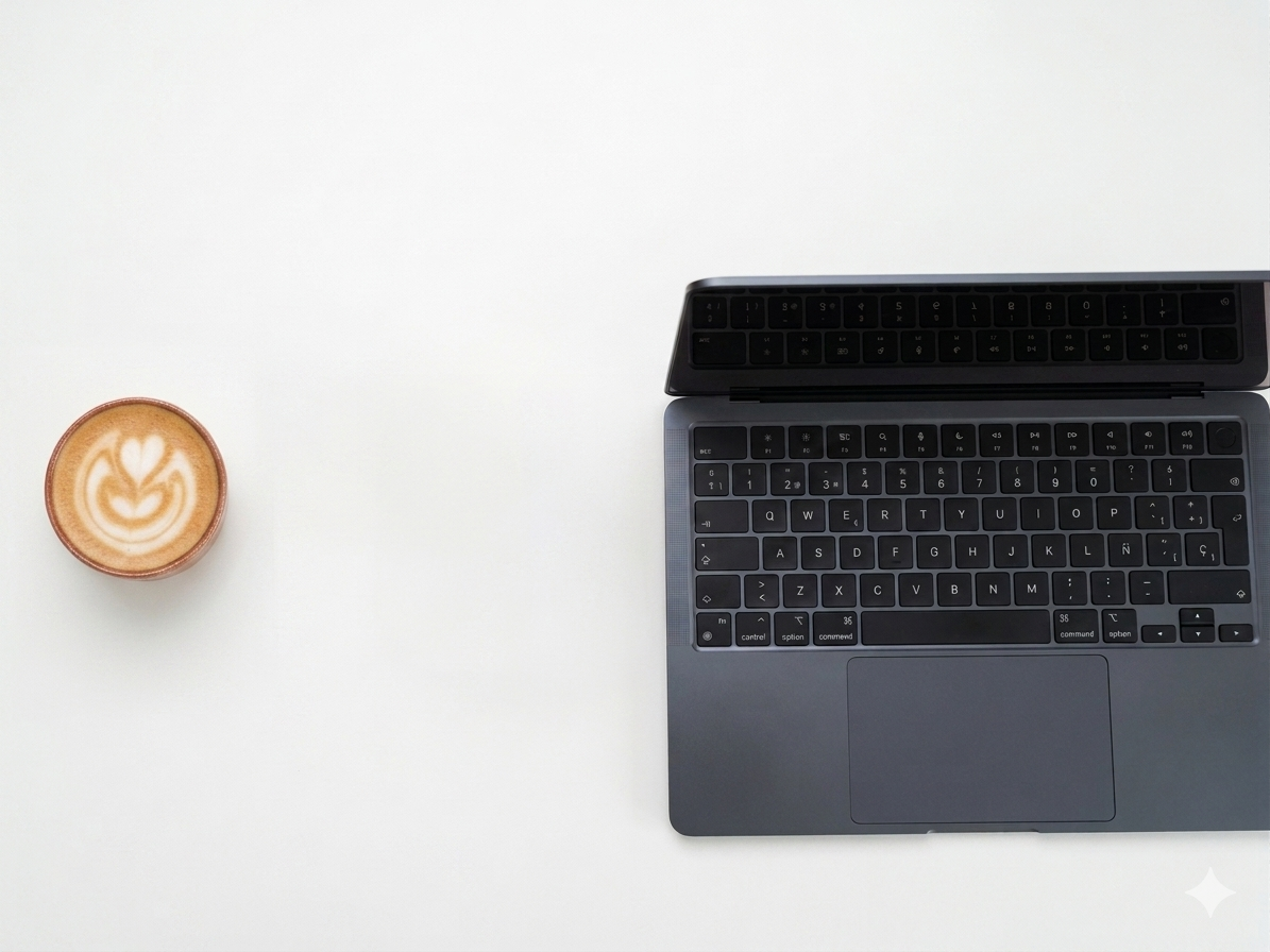 Laptop computer next to a cup of coffee with latte art on a white surface