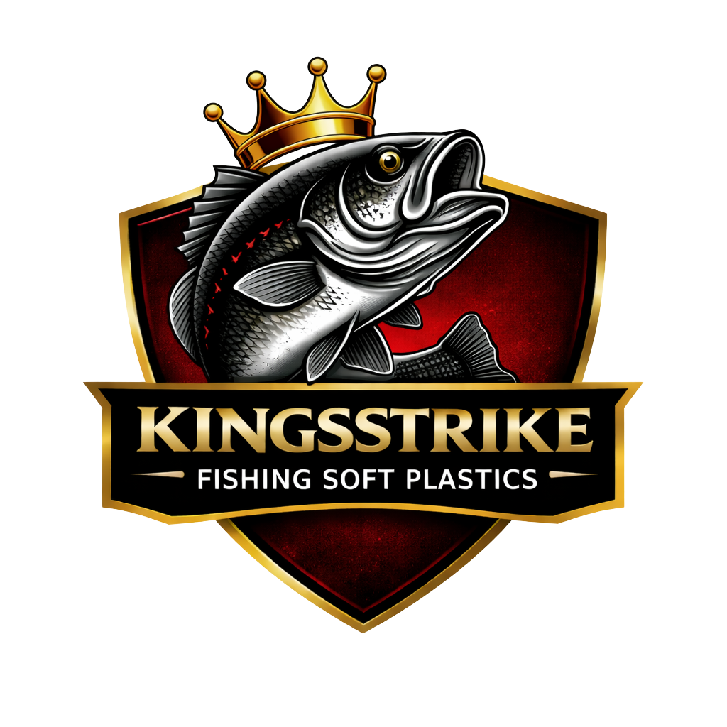 Logo for Kingssstrike featuring a fish with a crown, a red and black shield background, and the text "Kingssstrike" and "Fishing Soft Plastics"