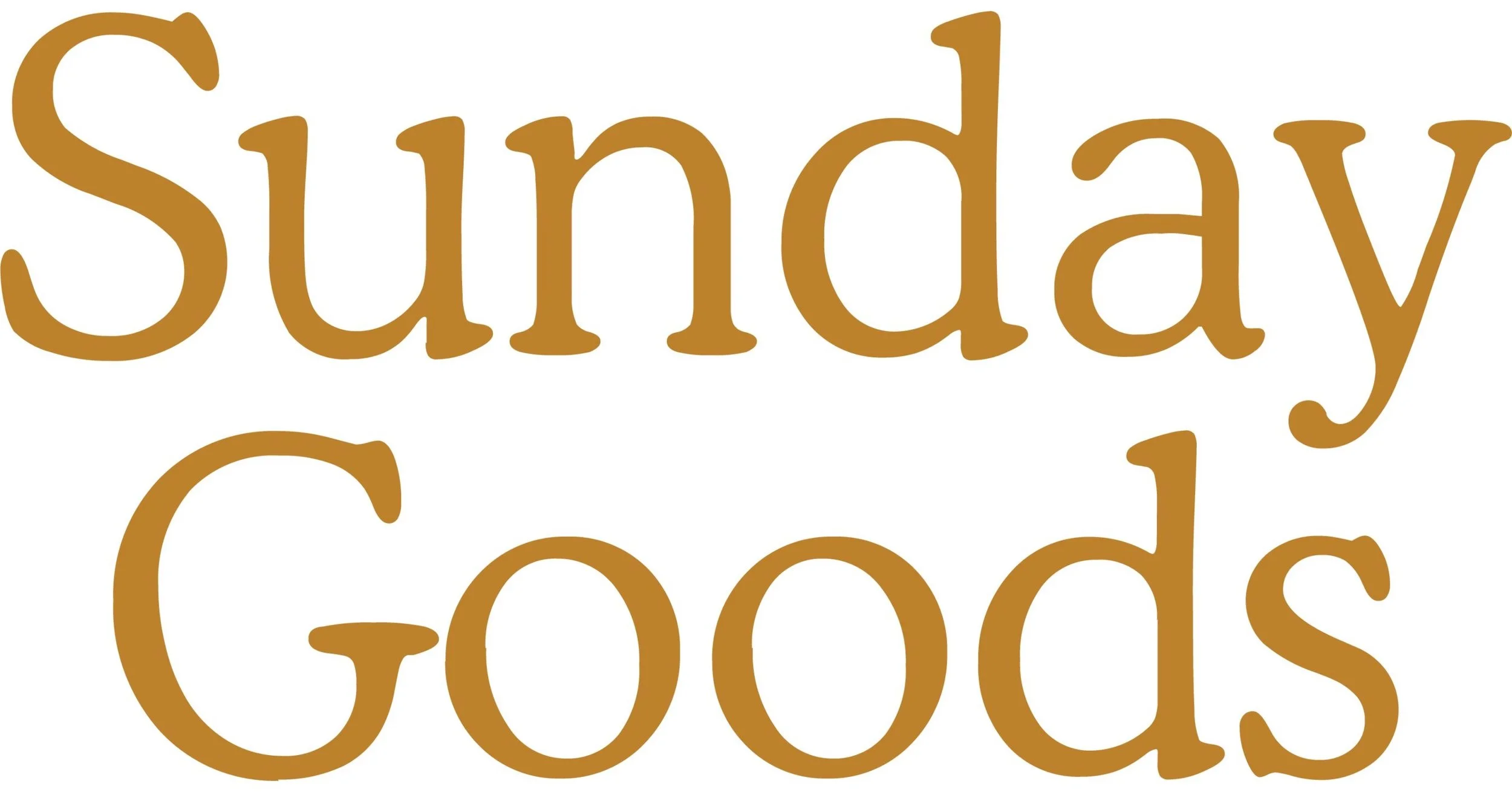 The image contains the words 'Sunday Goods' written in large, brown text on a white background.