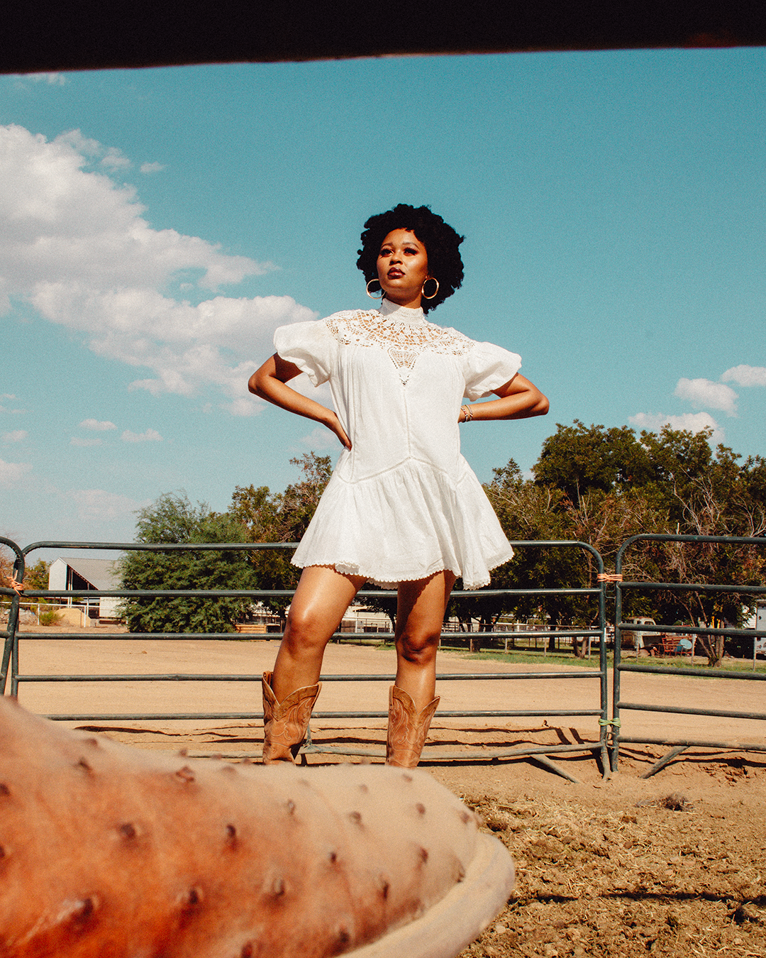 Woman standing confidently outdoors, wearing a white dress with lace details and cowboy boots, with a large cactus in the foreground and trees in the background.