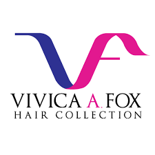 Logo for Vivica A. Fox Hair Collection featuring stylized initials V and F in navy blue and pink, with the brand name below.