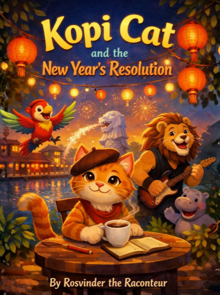 Book cover titled 'Kopi Cat and the New Year's Resolution' featuring an animated scene with a cat reading a book and drinking coffee at a table, a lion playing guitar, a parrot flying, and a hippo smiling outdoors with lanterns, Mount Fuji, and fireworks in the background.
