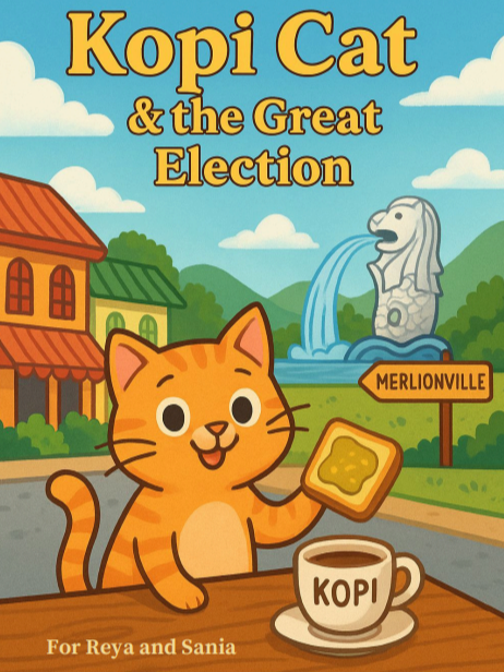 Cartoon cover of 'Kopi Cat & the Great Election' featuring an orange cat holding a piece of toast with butter and a coffee cup, with a background of colorful buildings, green hills, and a bridge resembling the Merlion in Merlionville.