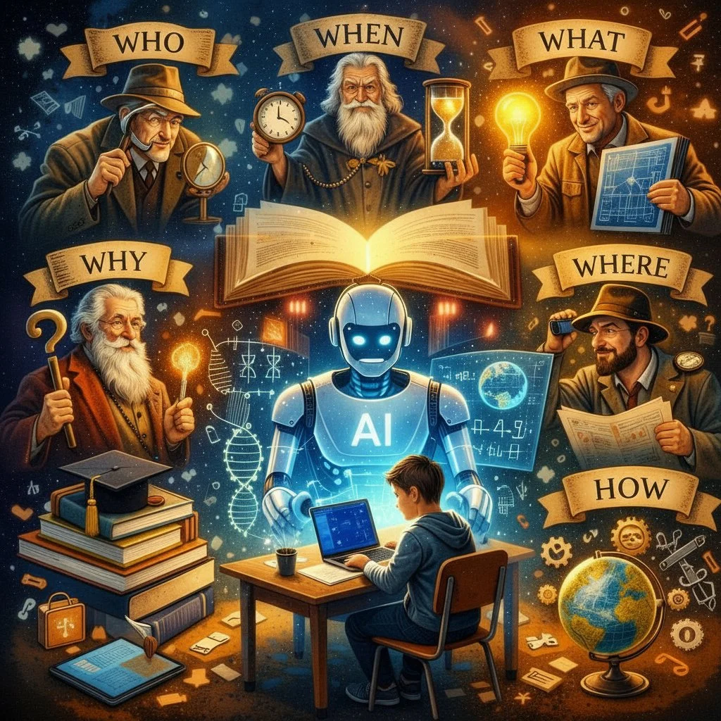 A digital illustration depicting a boy learning about AI with a robot in the center. Surrounding the robot are six figures representing questions: Who, When, What, Why, Where, and How. Each figure is shown with objects symbolizing their questions, such as a magnifying glass, clock, light bulb, blueprint, question mark, and gear. The background is filled with scientific icons, books, and technological elements, emphasizing the theme of curiosity and discovery about artificial intelligence.