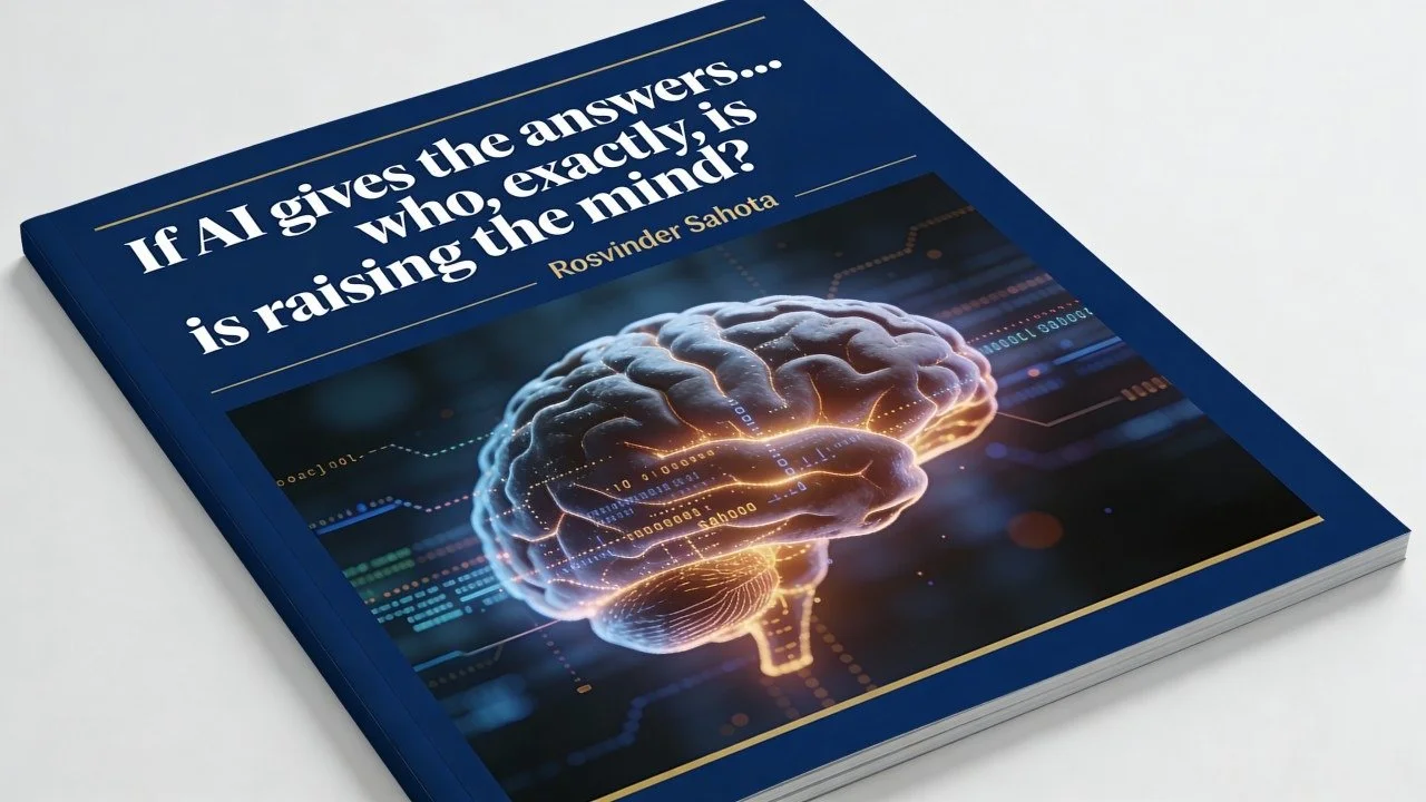 Book cover titled "If AI gives the answers... who, exactly, is raising the mind?" by Rosvinder Sahota, featuring an illustration of a glowing brain with digital data and circuitry in the background.