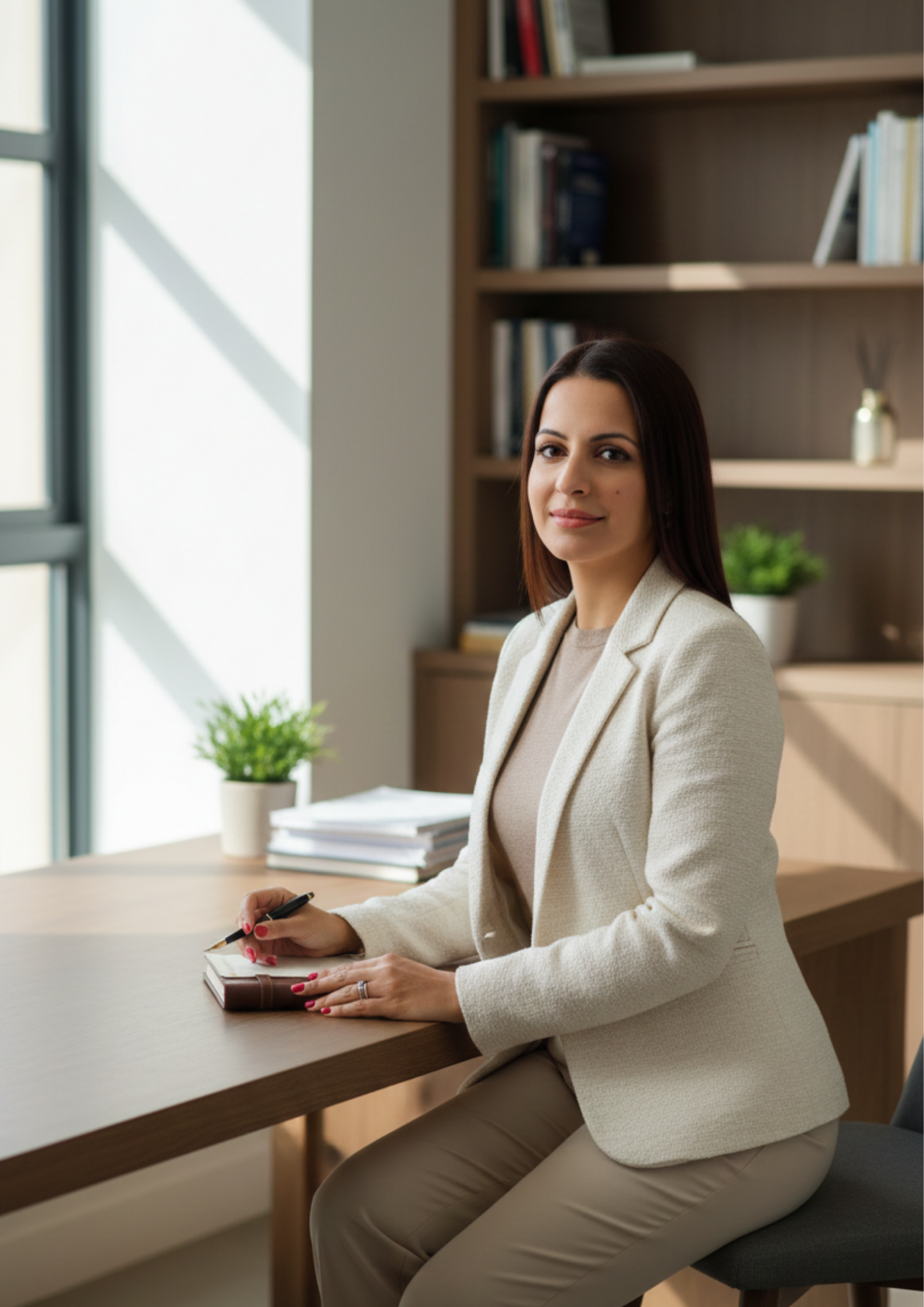 A woman in a beige blazer sitting at a wooden desk holding a pen and a notebook, with a bookshelf and potted plants in the background in a well-lit office.
