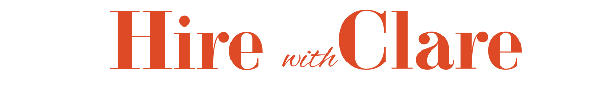 Logo with the words 'Hire with Clare' in red.