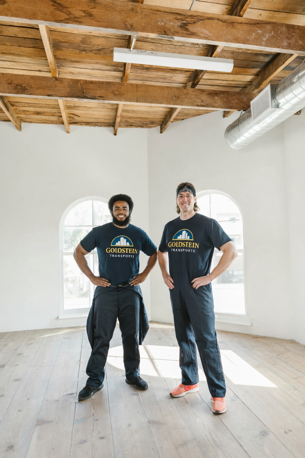 Zwei Männer stehen in einem hellen leeren Raum mit Holzboden und sichtbaren Holzdecken, tragen schwarze T-Shirts mit dem Logo "GOLDSTEIN TRANSPORTE" und posieren für die Kamera.