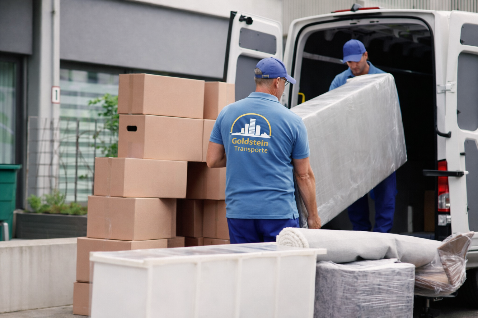 Zweier-Team bei Ladearbeiten mit einem Lieferwagen, Verpackungskisten und Möbelstücken, Mitarbeiter trägt eine blaue Uniform mit 'Goldstein Transporte'-Logo
