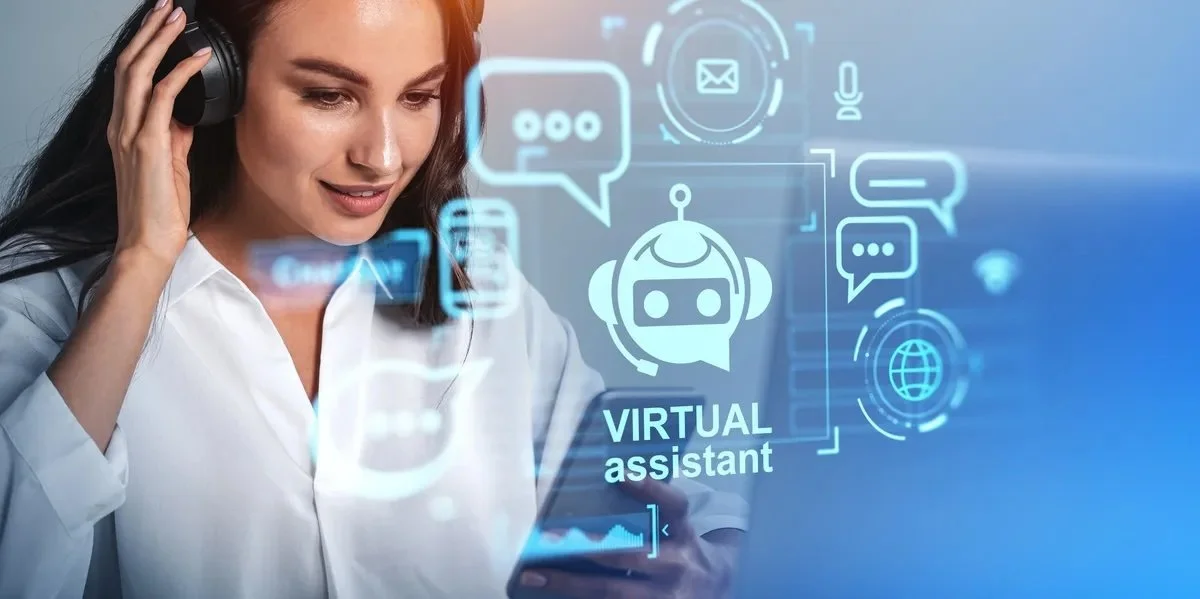 A woman wearing headphones interacting with a digital virtual assistant on a transparent screen, with icons for messages, email, globe, and chat bubbles, and the words 'VIRTUAL assistant'.