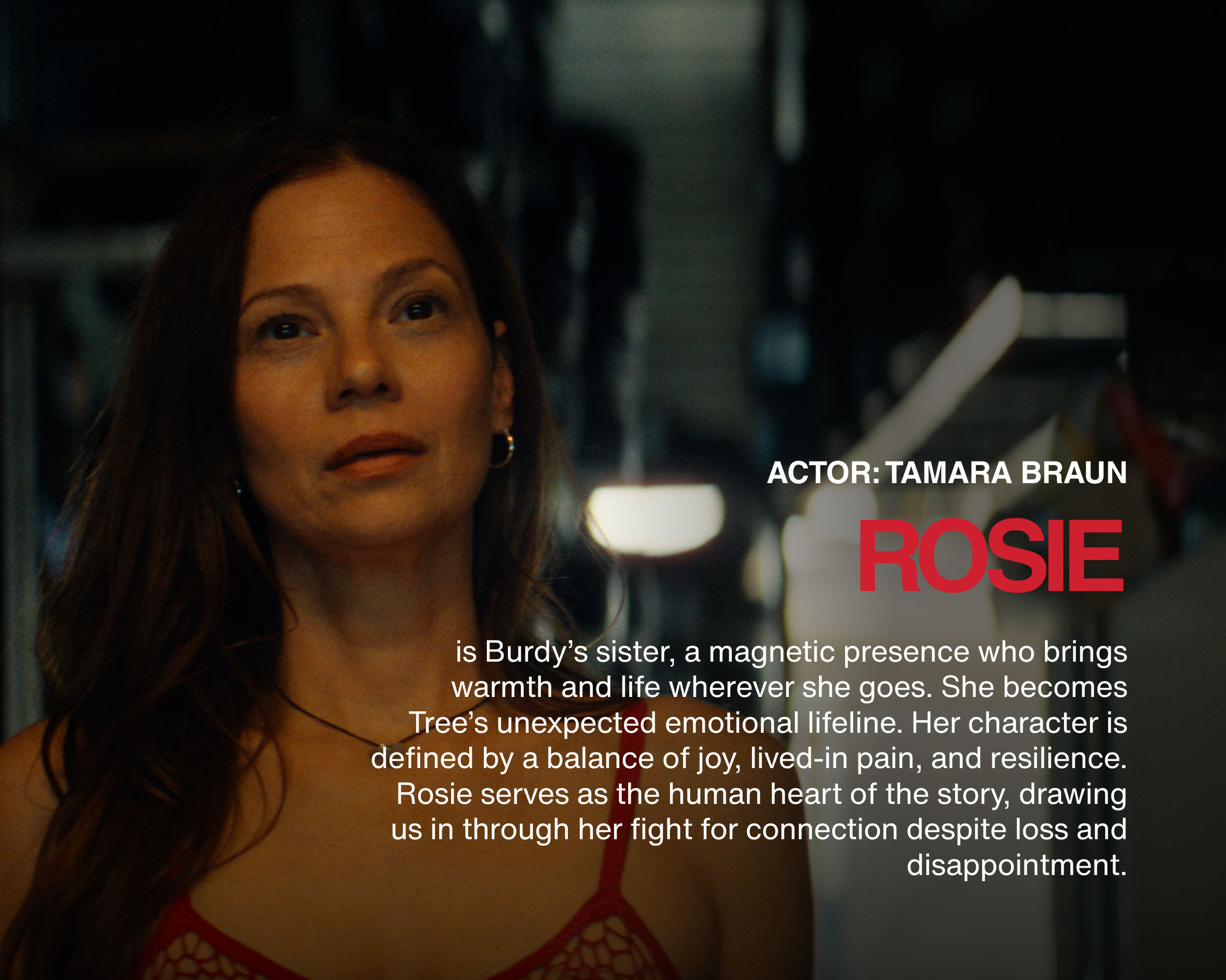A woman with long brown hair and earrings looking slightly to the side. Text overlay mentions actor Tamara Braun, character Rosie, describing her as Burke's sister, a positive presence, emotional lifeline, and human heart of the story.