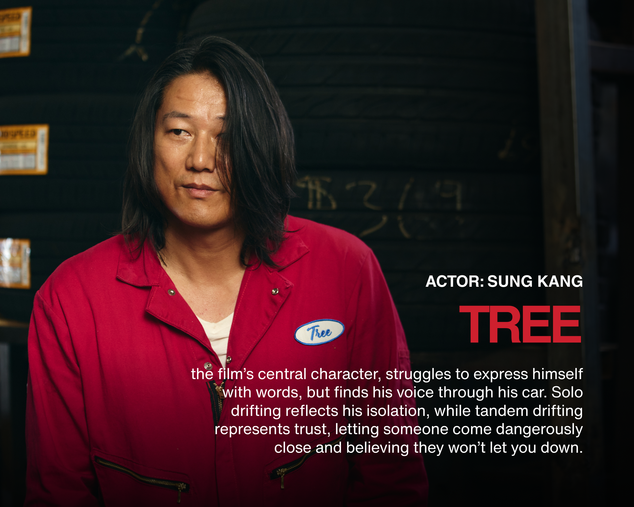 A man with long black hair, wearing a red jacket with a 'Tree' name tag, standing in front of a dark background with some writing on it. Text on the image identifies him as actor Sung Kang and describes his character in the film 'Tree.'