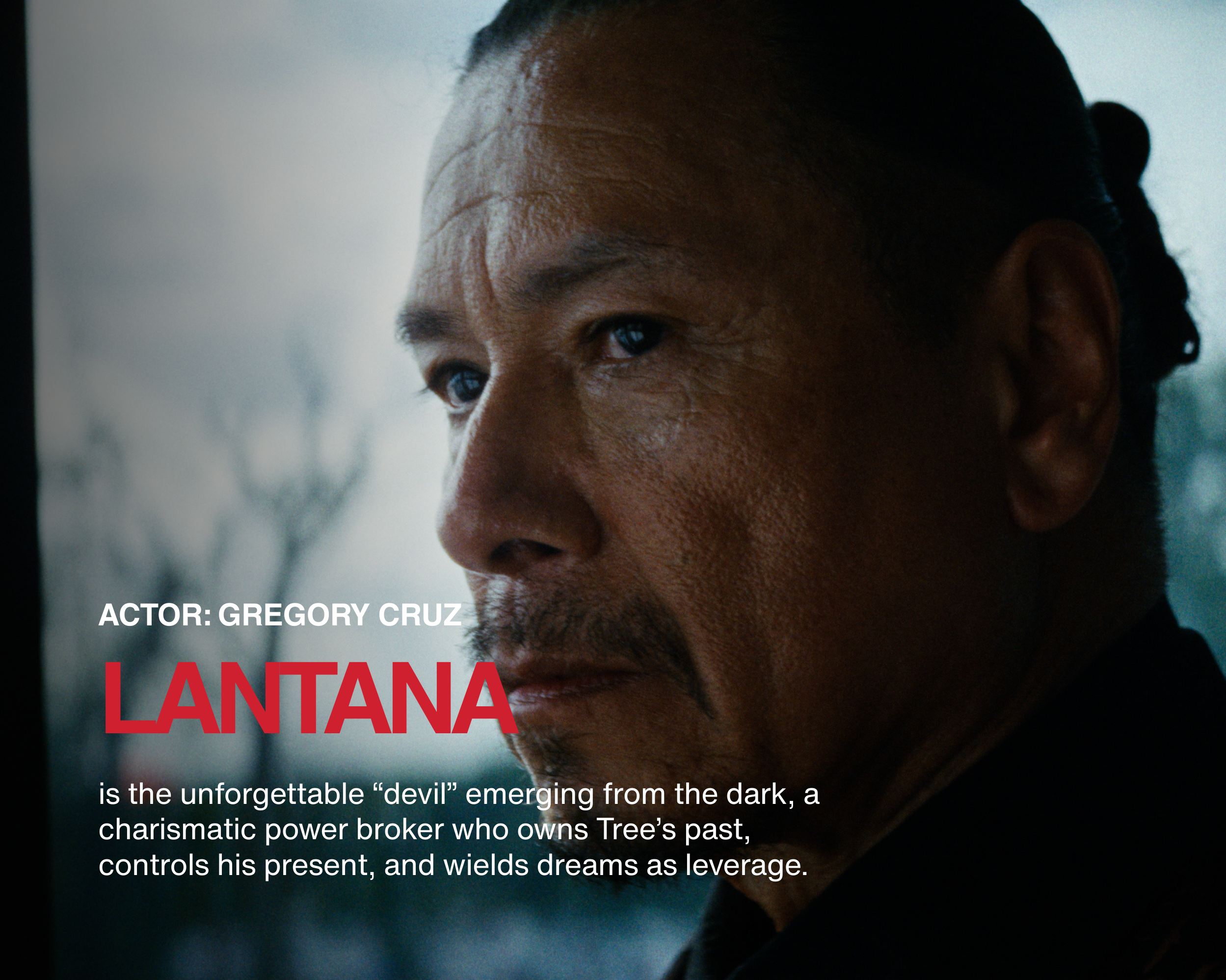 Close-up of a man's face, looking to the left, with text overlay describing the actor Gregory Cruz and the character Lantana.