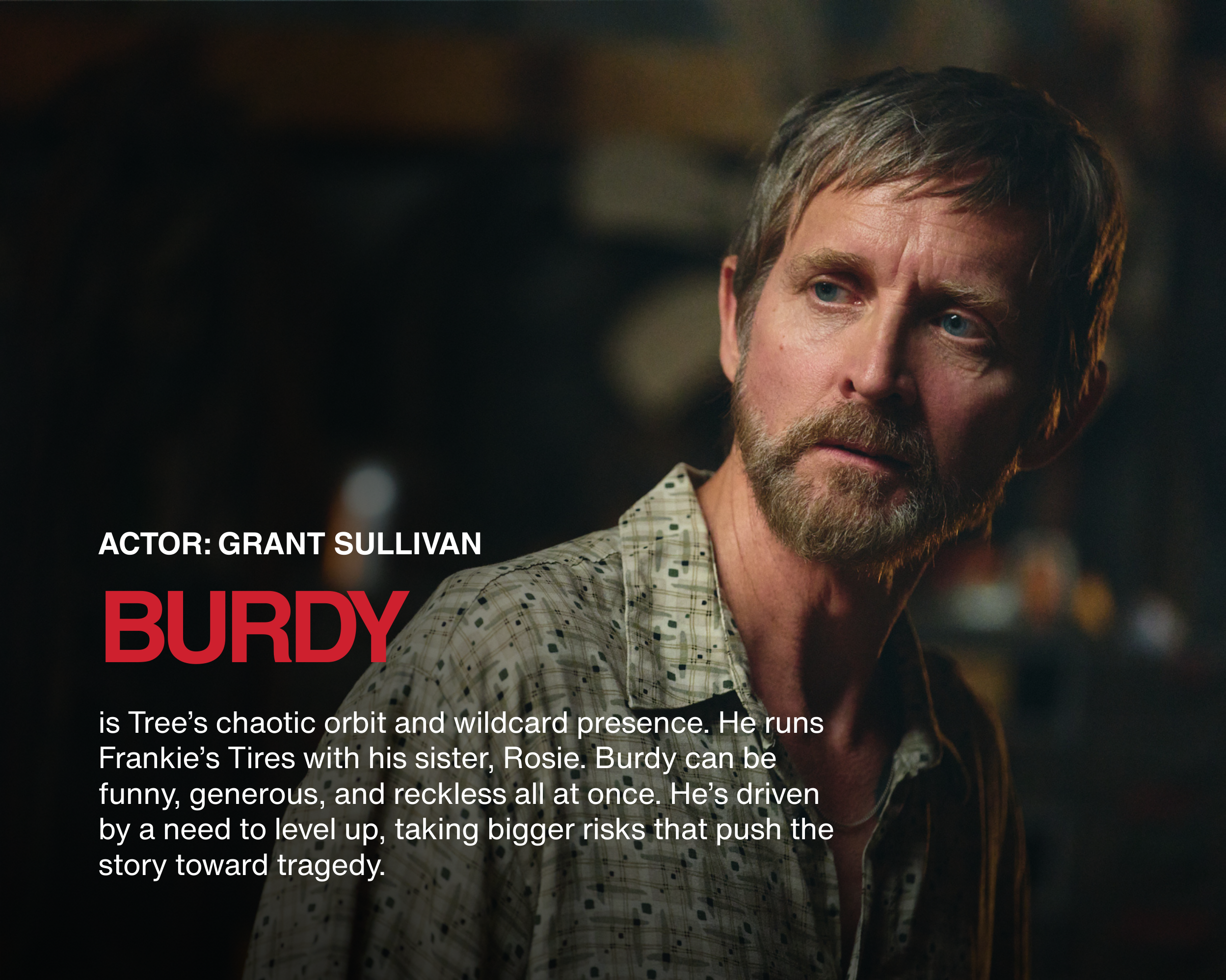 A man with gray hair and a beard, wearing a patterned shirt, looking to the side in a dimly lit setting. Text overlays indicate he is Grant Sullivan, playing Burdy, a wild and chaotic character driven by risk and tragedy.