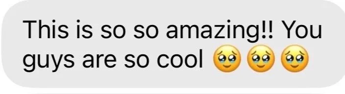 A text message saying, 'This is so so amazing!! You guys are so cool' with three smiling face emojis with tears of joy.