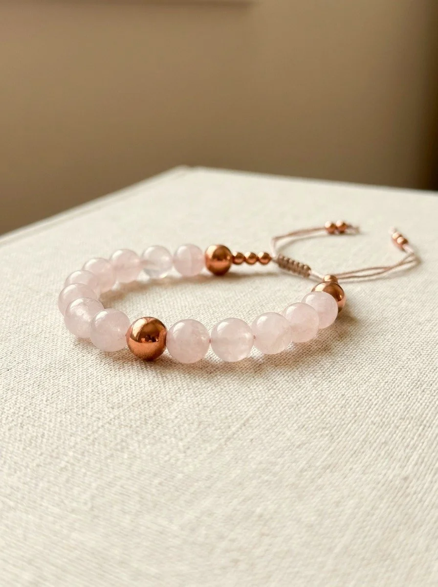 Rose Quartz and Large Copper Bead Bracelet on Silk Thread